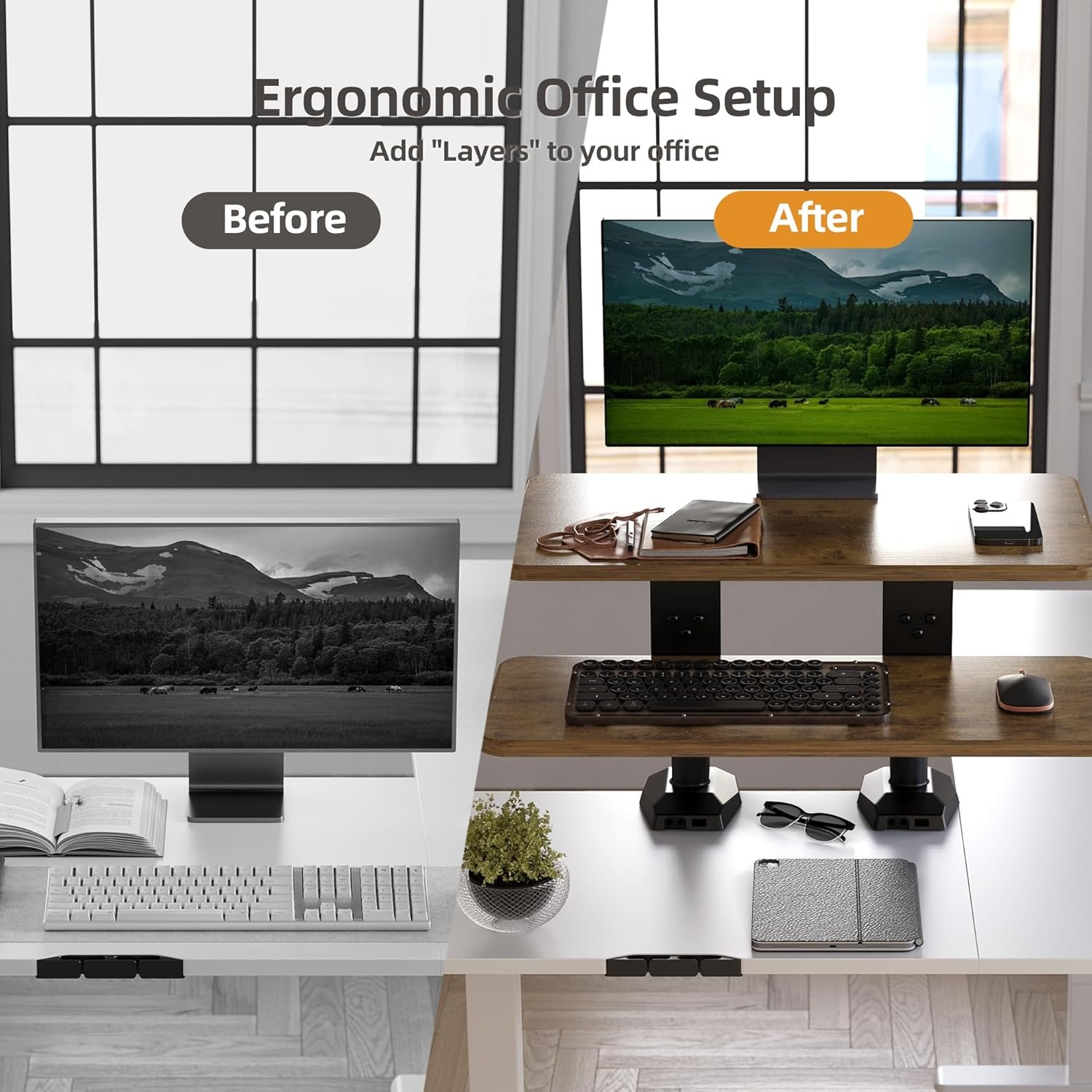 image:imageClaiks Standing Desk Converter 36 inch Height Adjustable Sit Stand Up Desk Riser Quick Sit to Stand Tabletop Dual Monitor Riser Workstation for Home Office with Keyboard Tray BlackWhite