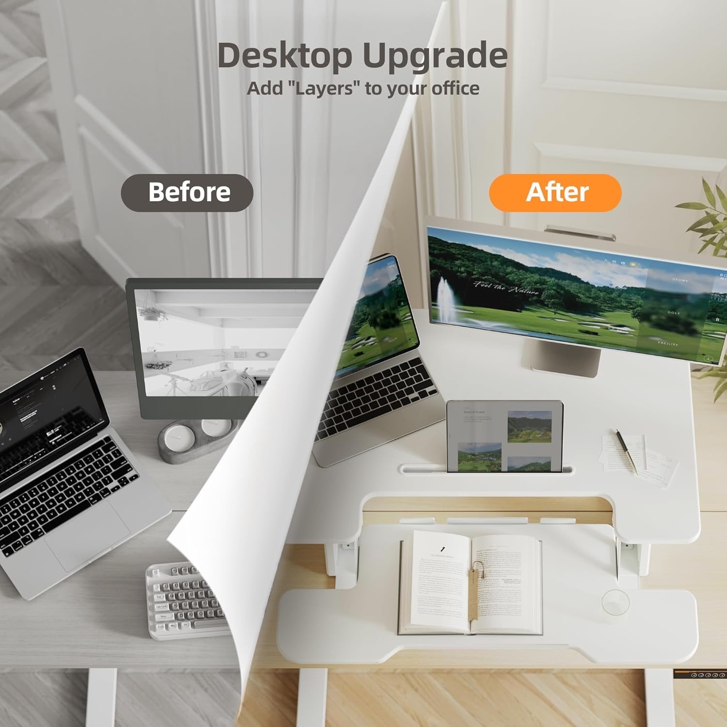 image:imageClaiks Standing Desk Converter 36 inch Height Adjustable Sit Stand Up Desk Riser Quick Sit to Stand Tabletop Dual Monitor Riser Workstation for Home Office with Keyboard Tray BlackWhite