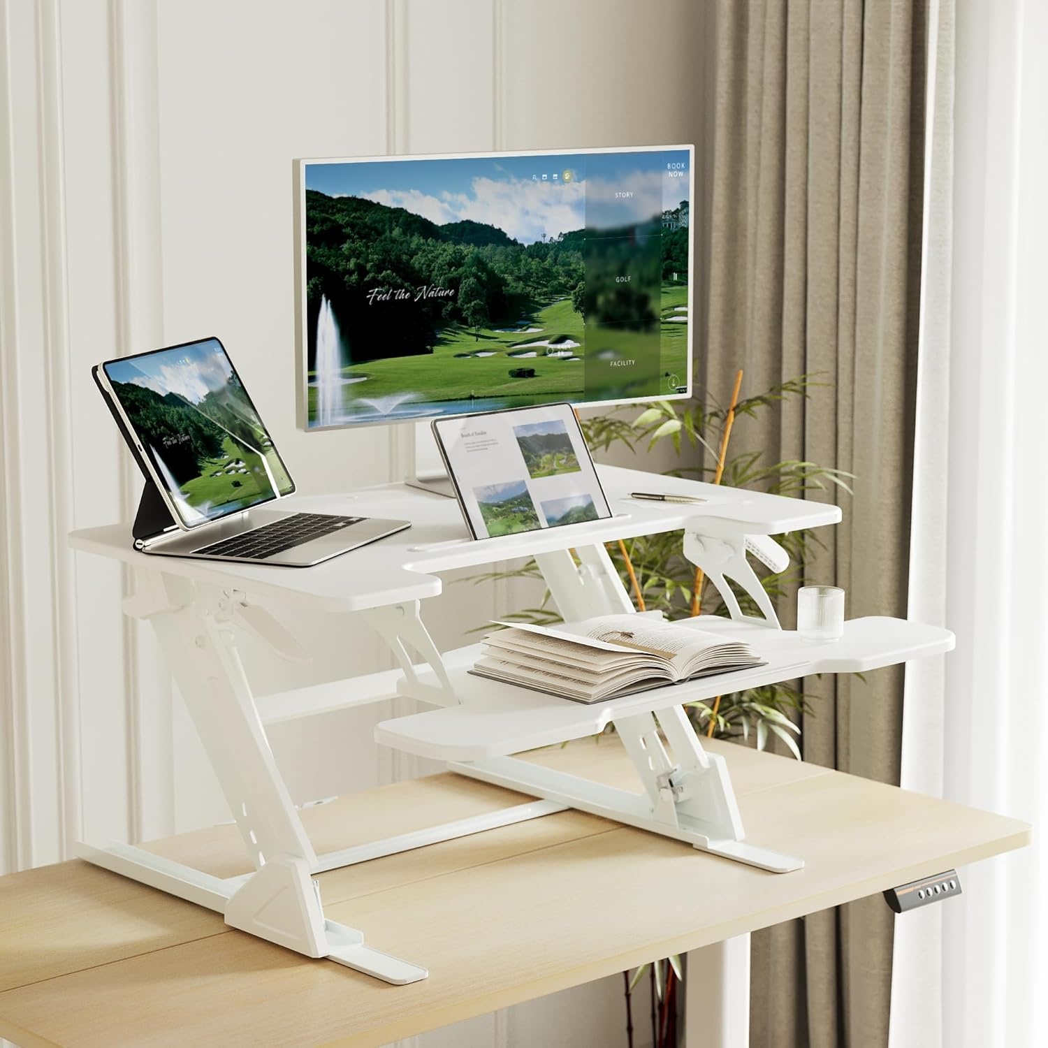 image:imageClaiks Standing Desk Converter 36 inch Height Adjustable Sit Stand Up Desk Riser Quick Sit to Stand Tabletop Dual Monitor Riser Workstation for Home Office with Keyboard Tray BlackWhite