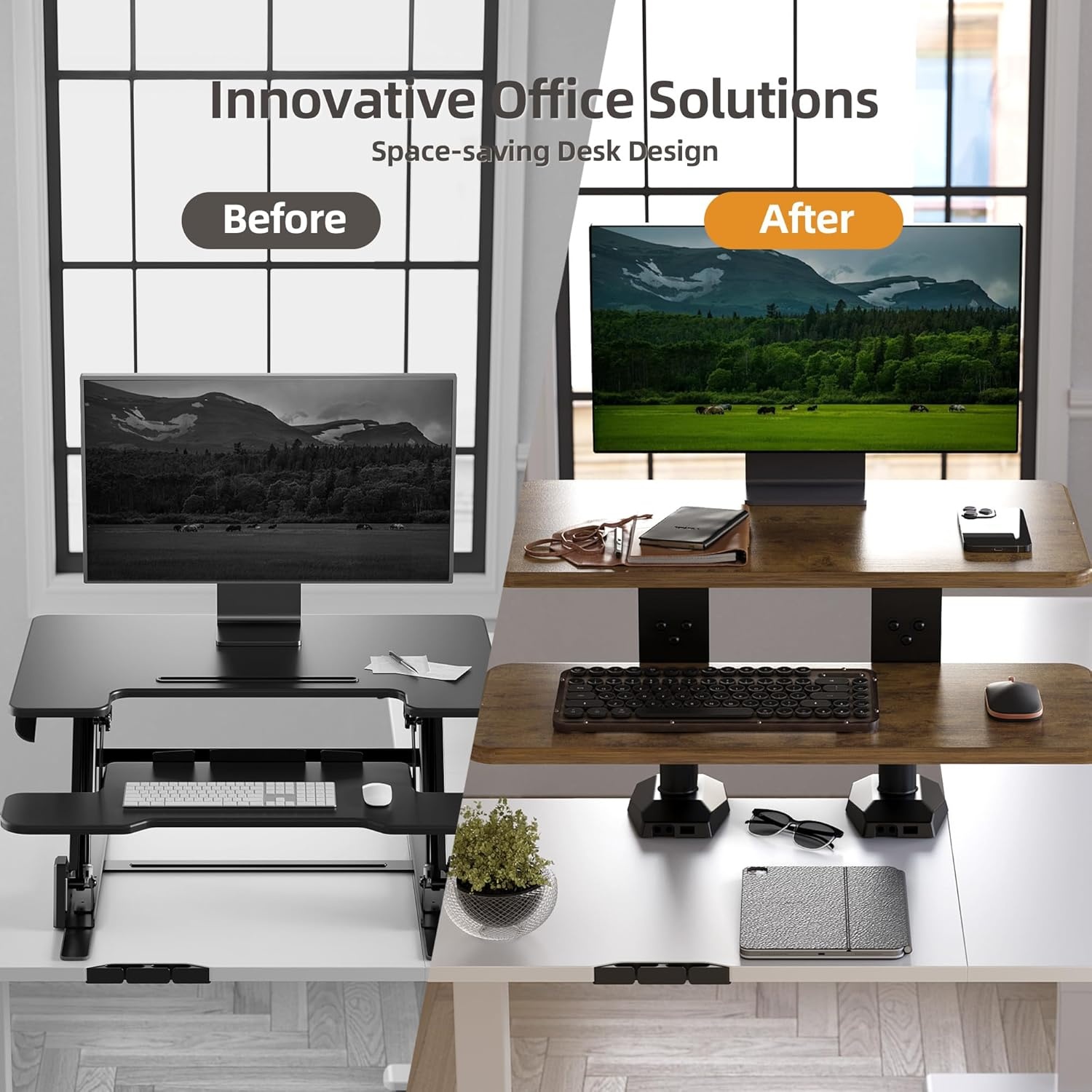 image:imageClaiks Standing Desk Converter 36 inch Height Adjustable Sit Stand Up Desk Riser Quick Sit to Stand Tabletop Dual Monitor Riser Workstation for Home Office with Keyboard Tray BlackWhite