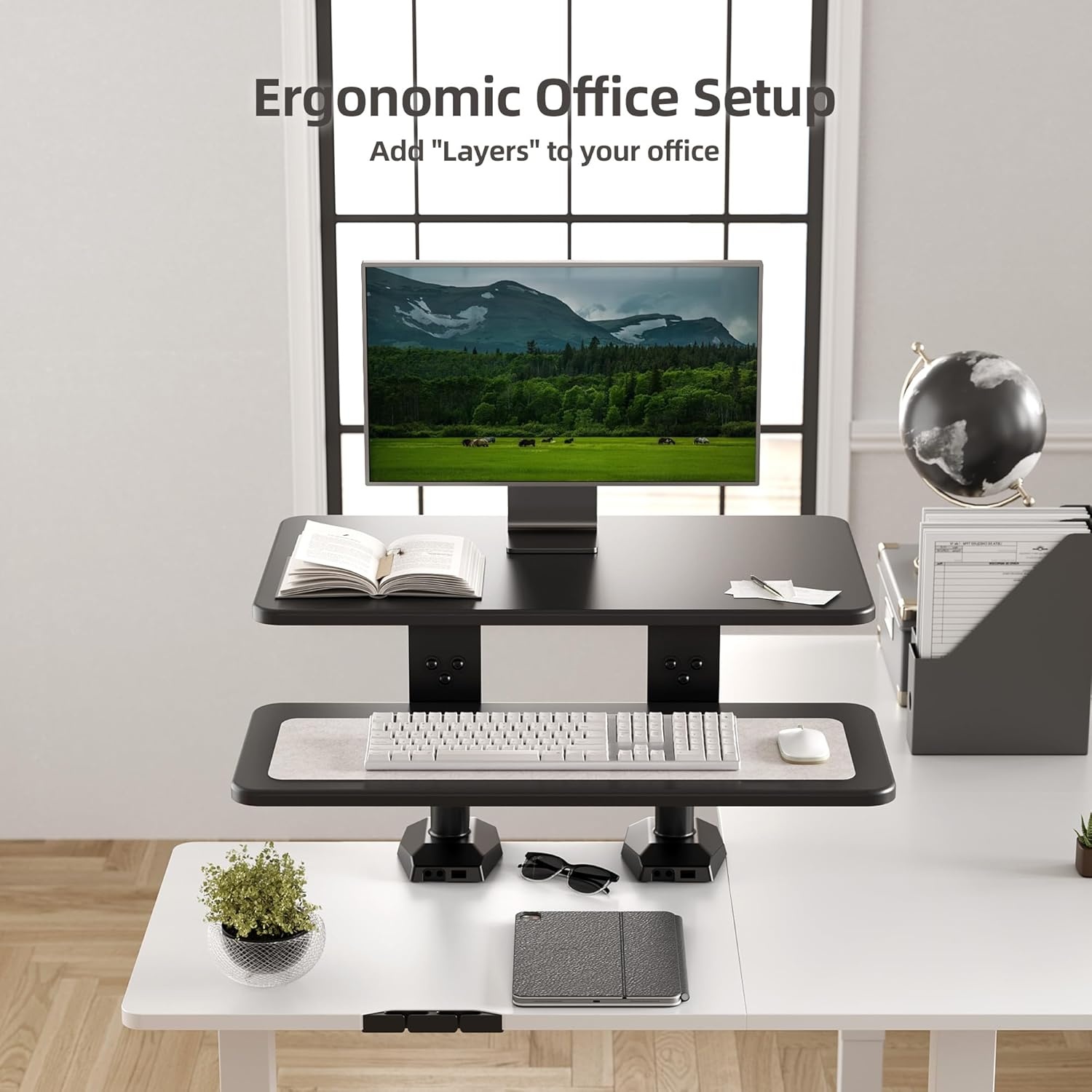 image:imageClaiks Standing Desk Converter 36 inch Height Adjustable Sit Stand Up Desk Riser Quick Sit to Stand Tabletop Dual Monitor Riser Workstation for Home Office with Keyboard Tray BlackWhite