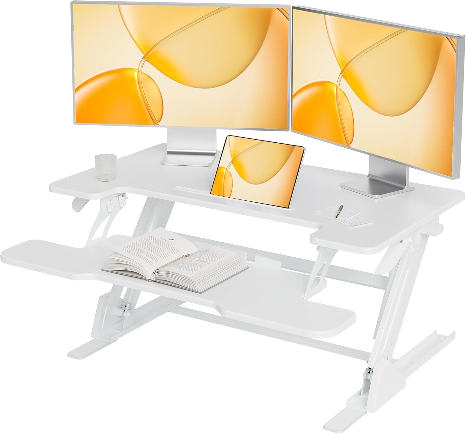 image:imageClaiks Standing Desk Converter 36 inch Height Adjustable Sit Stand Up Desk Riser Quick Sit to Stand Tabletop Dual Monitor Riser Workstation for Home Office with Keyboard Tray BlackWhite