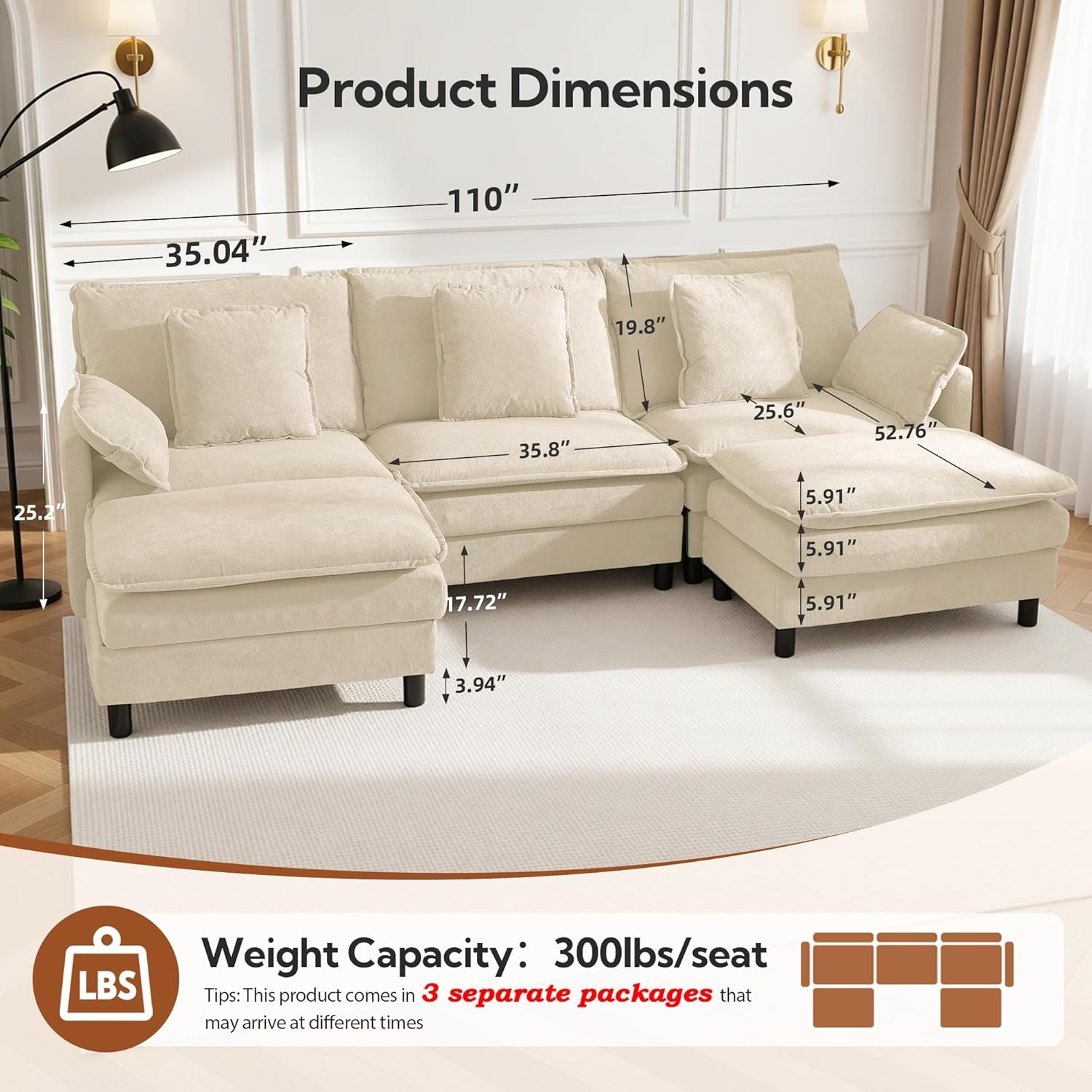 image:imageClaiks 110 Modular Sectional Sofa Cloud Couch with Ottoman LShaped 4Seater Sofa in Chenille Fabric Deep Seat Comfy Couch with Pillows for Living Room amp Offices BeigeBeige