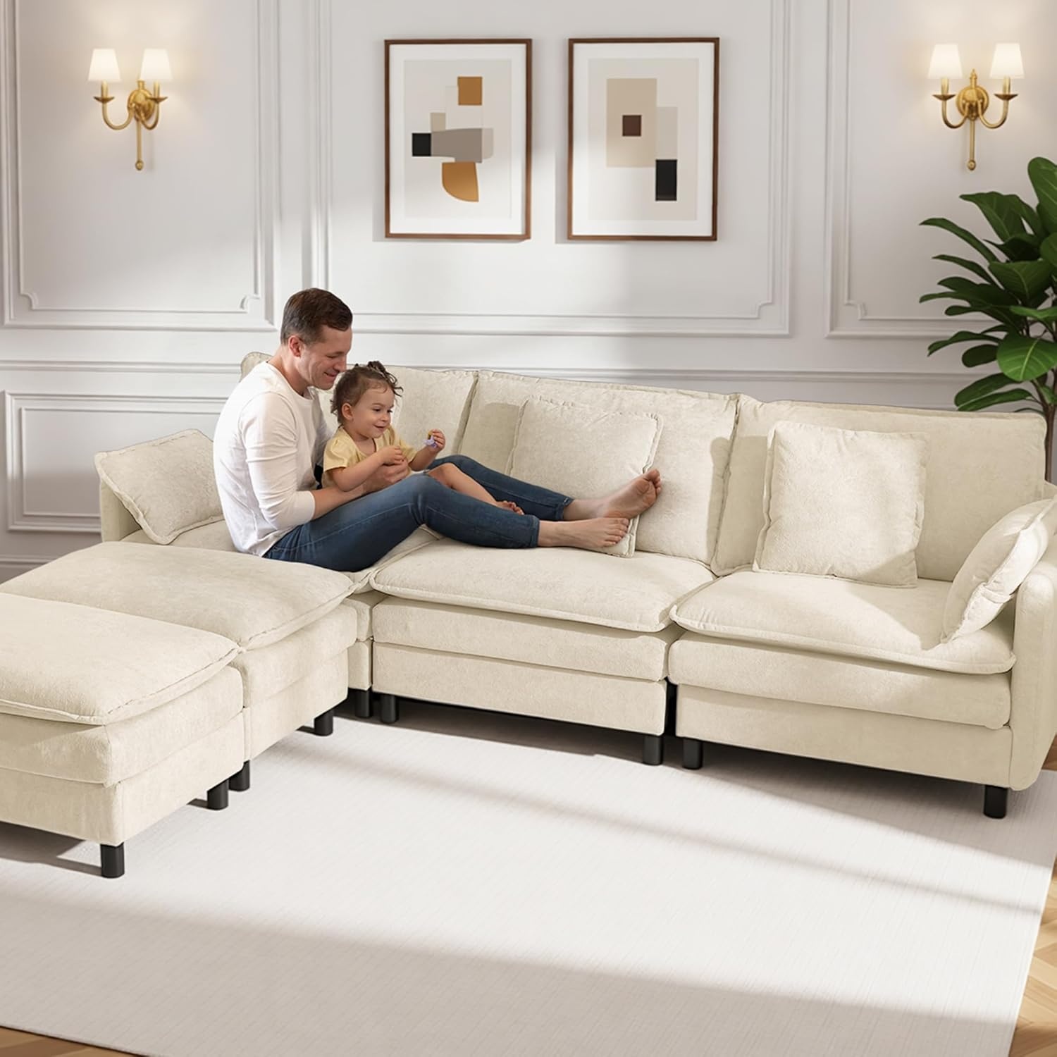 image:imageClaiks 110 Modular Sectional Sofa Cloud Couch with Ottoman LShaped 4Seater Sofa in Chenille Fabric Deep Seat Comfy Couch with Pillows for Living Room amp Offices BeigeBeige