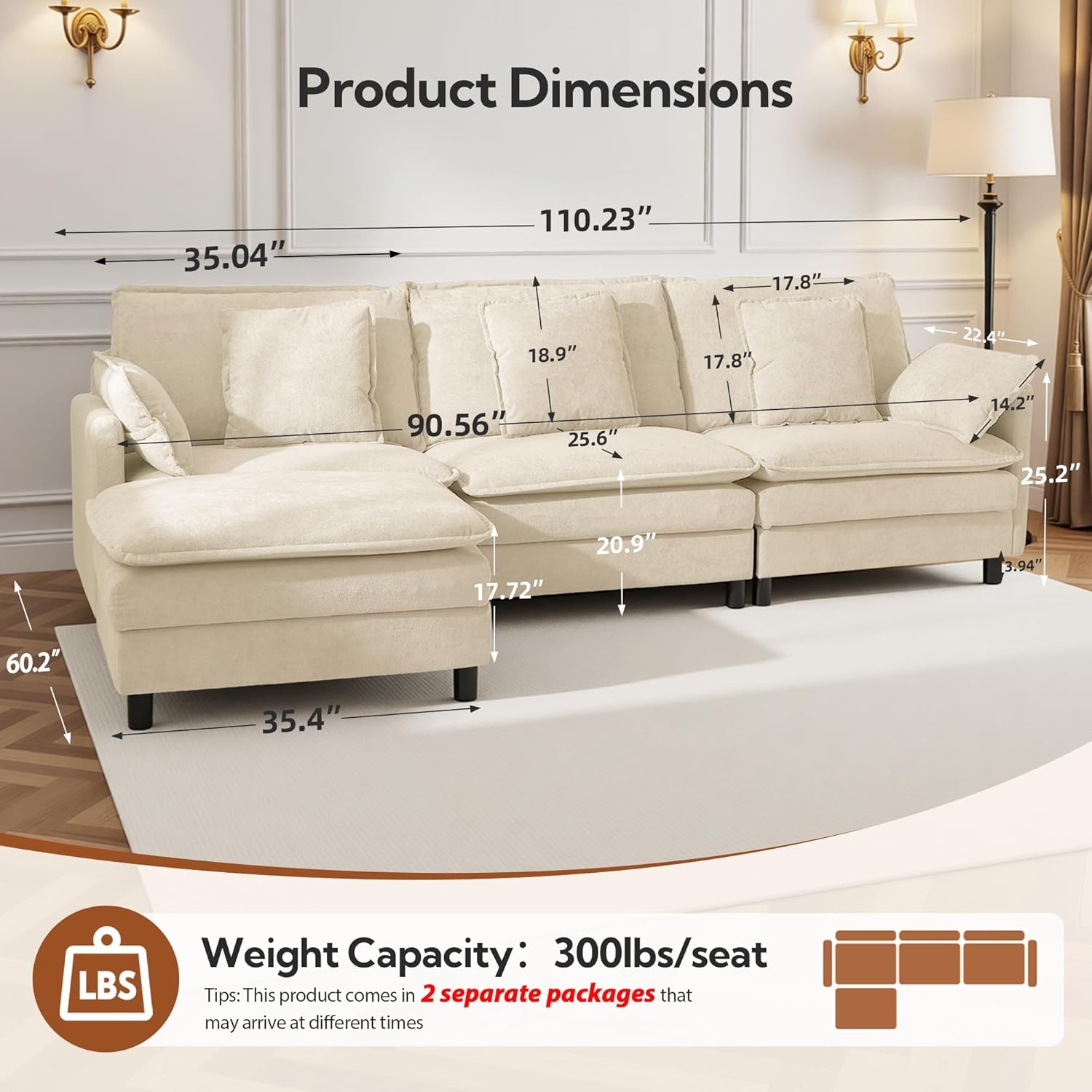 image:imageClaiks 110 Modular Sectional Sofa Cloud Couch with Ottoman LShaped 4Seater Sofa in Chenille Fabric Deep Seat Comfy Couch with Pillows for Living Room amp Offices BeigeBeige