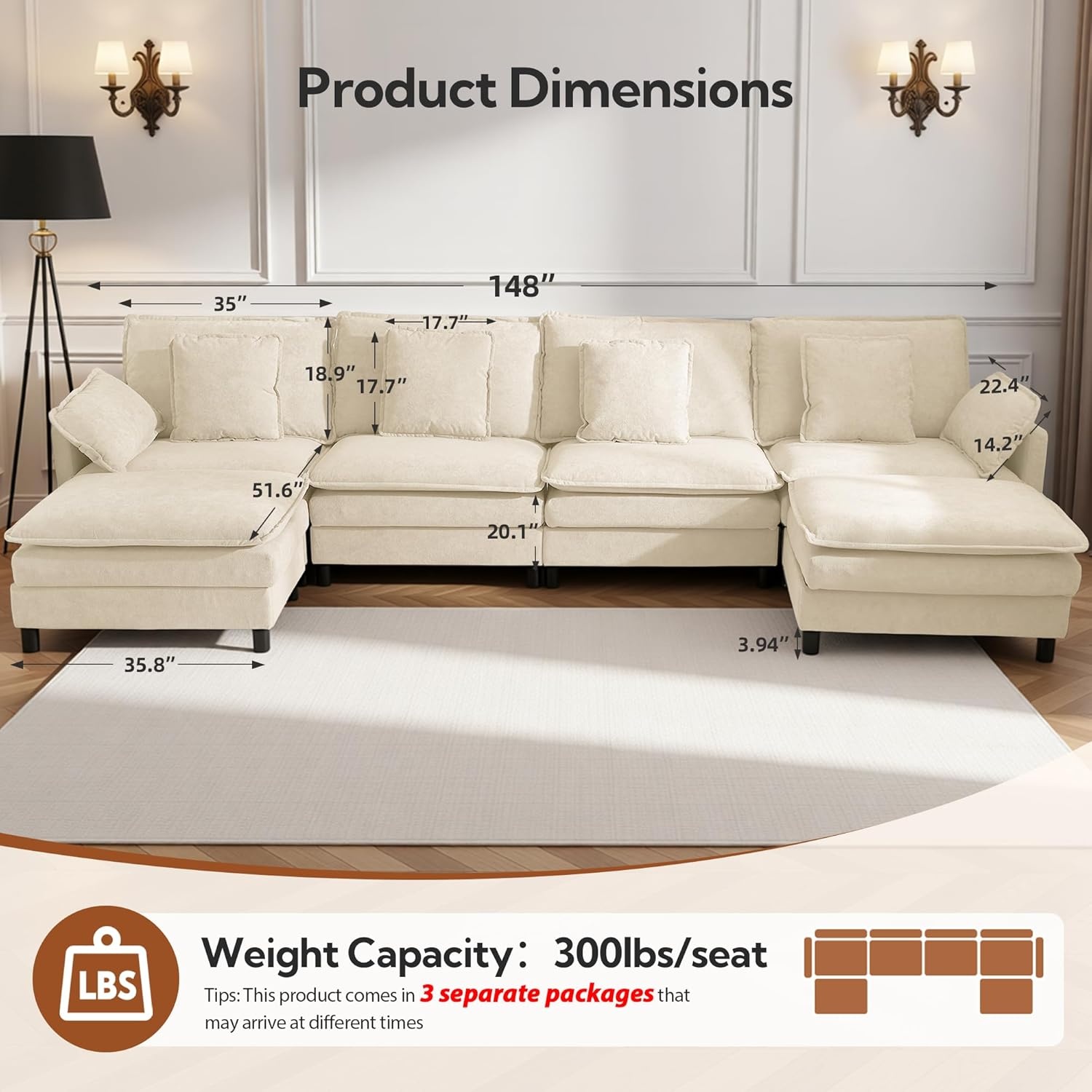 image:imageClaiks 110 Modular Sectional Sofa Cloud Couch with Ottoman LShaped 4Seater Sofa in Chenille Fabric Deep Seat Comfy Couch with Pillows for Living Room amp Offices BeigeBeige