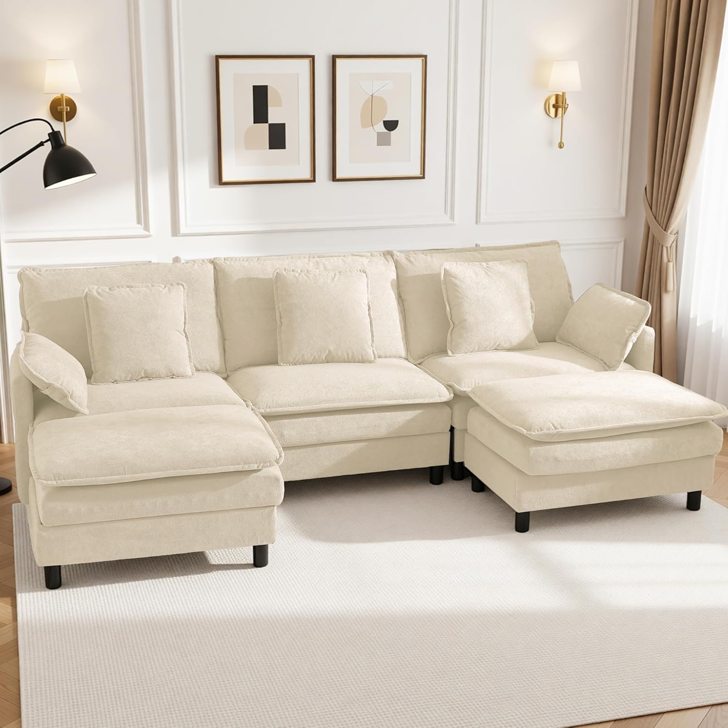 image:imageClaiks 110 Modular Sectional Sofa Cloud Couch with Ottoman LShaped 4Seater Sofa in Chenille Fabric Deep Seat Comfy Couch with Pillows for Living Room amp Offices BeigeBeige