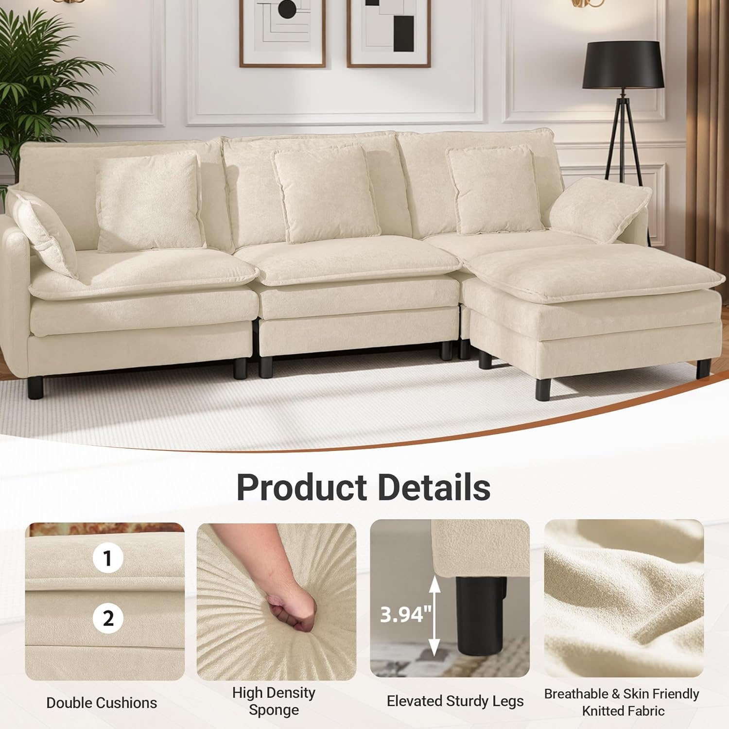 image:imageClaiks 110 Modular Sectional Sofa Cloud Couch with Ottoman LShaped 4Seater Sofa in Chenille Fabric Deep Seat Comfy Couch with Pillows for Living Room amp Offices BeigeBeige