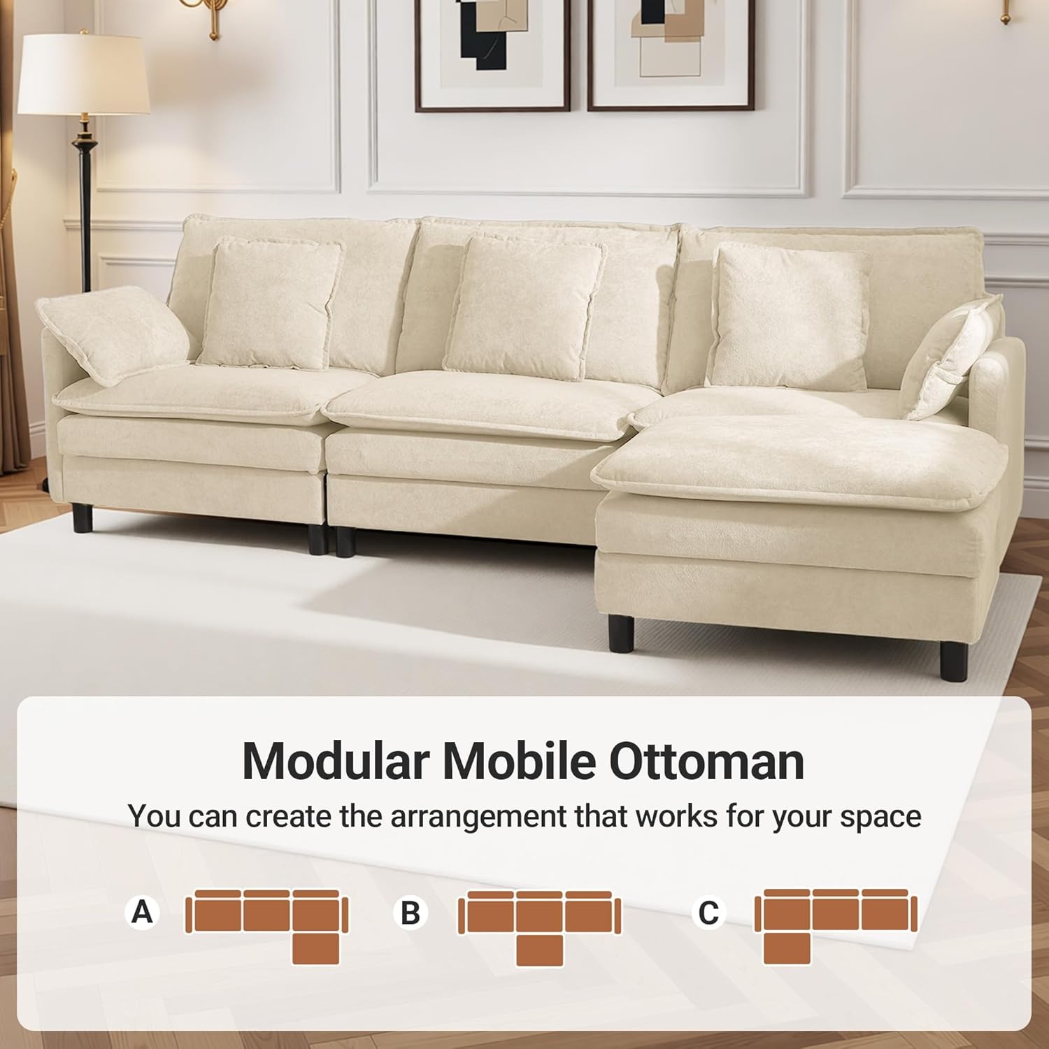image:imageClaiks 110 Modular Sectional Sofa Cloud Couch with Ottoman LShaped 4Seater Sofa in Chenille Fabric Deep Seat Comfy Couch with Pillows for Living Room amp Offices BeigeBeige