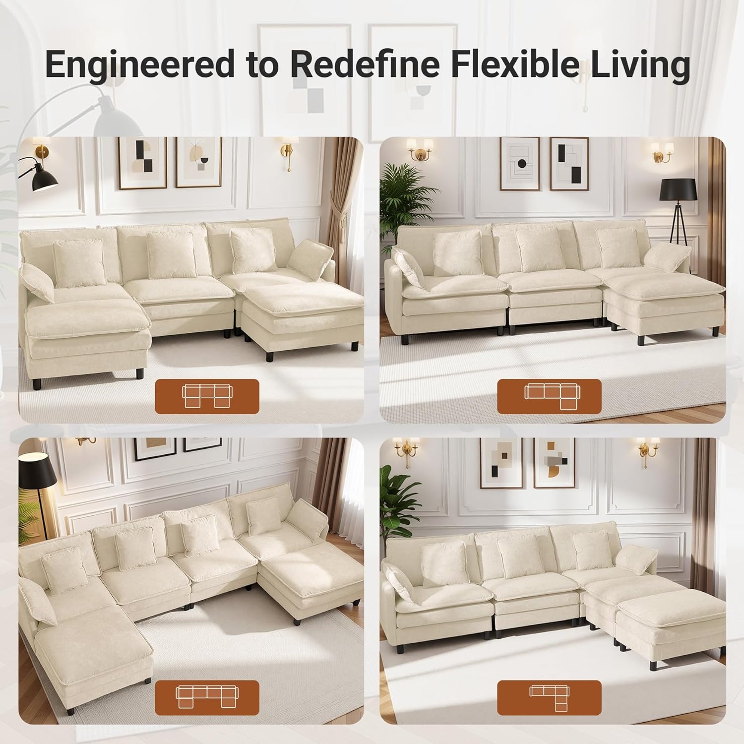 image:imageClaiks 110 Modular Sectional Sofa Cloud Couch with Ottoman LShaped 4Seater Sofa in Chenille Fabric Deep Seat Comfy Couch with Pillows for Living Room amp Offices BeigeBeige