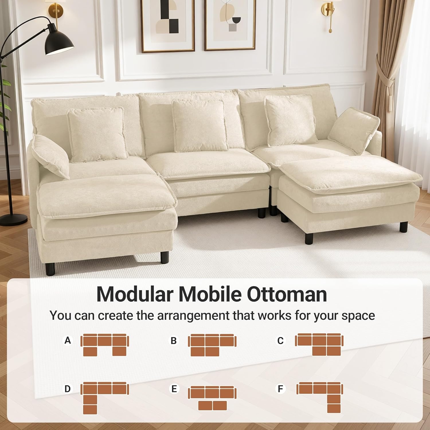 image:imageClaiks 110 Modular Sectional Sofa Cloud Couch with Ottoman LShaped 4Seater Sofa in Chenille Fabric Deep Seat Comfy Couch with Pillows for Living Room amp Offices BeigeBeige
