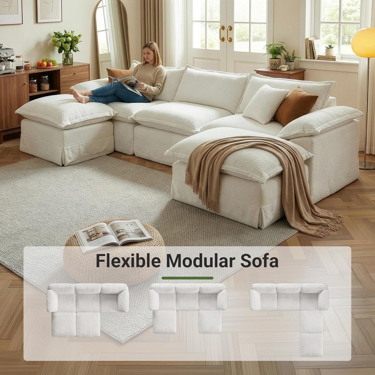 image:imageClaiks 118 Modern Boneless Couch Corduroy Modular Cloud Sofa for Living Room Deep Seat Sectional with Movable Ottoman No Assembly Required YellowBeige