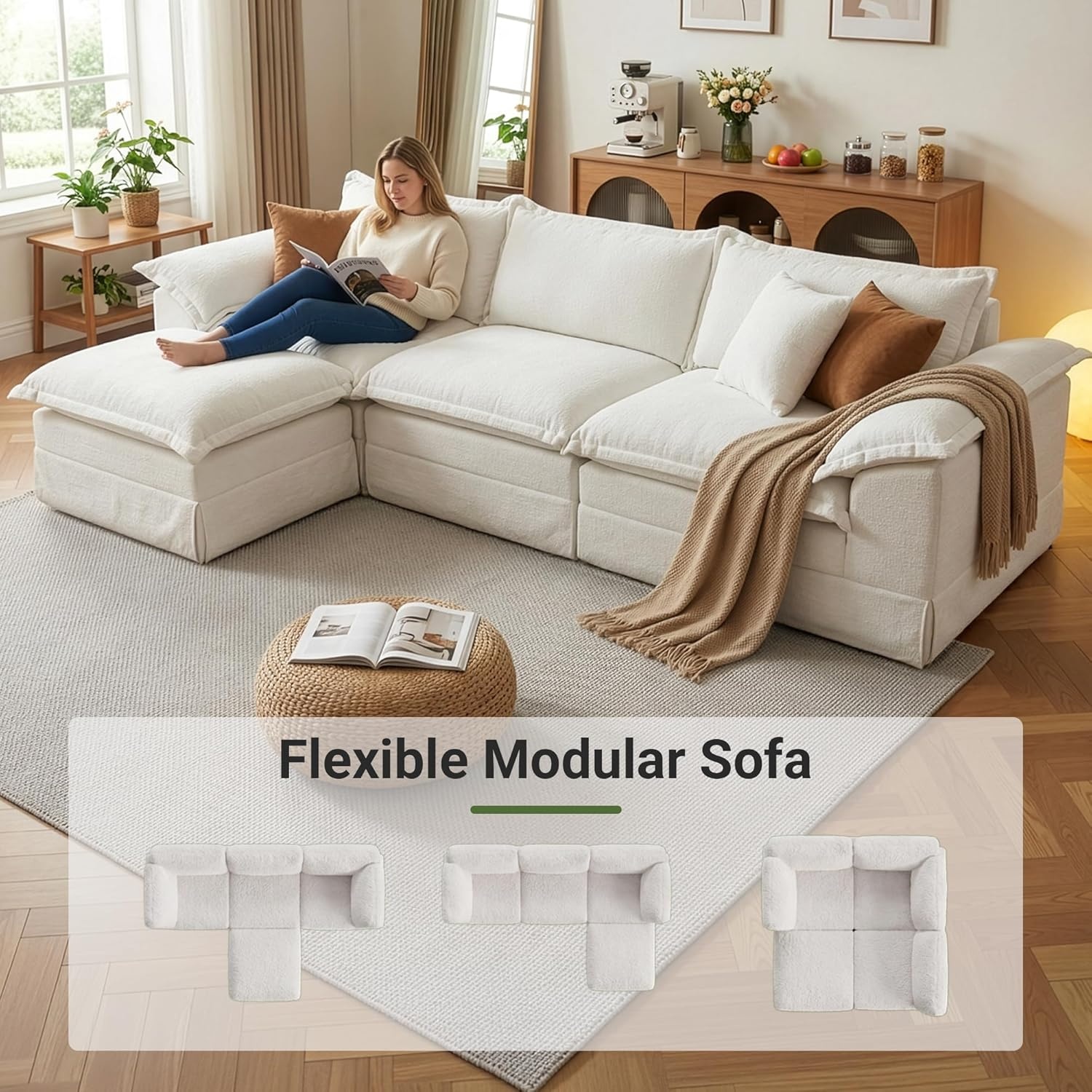 image:imageClaiks 118 Modern Boneless Couch Corduroy Modular Cloud Sofa for Living Room Deep Seat Sectional with Movable Ottoman No Assembly Required YellowBeige