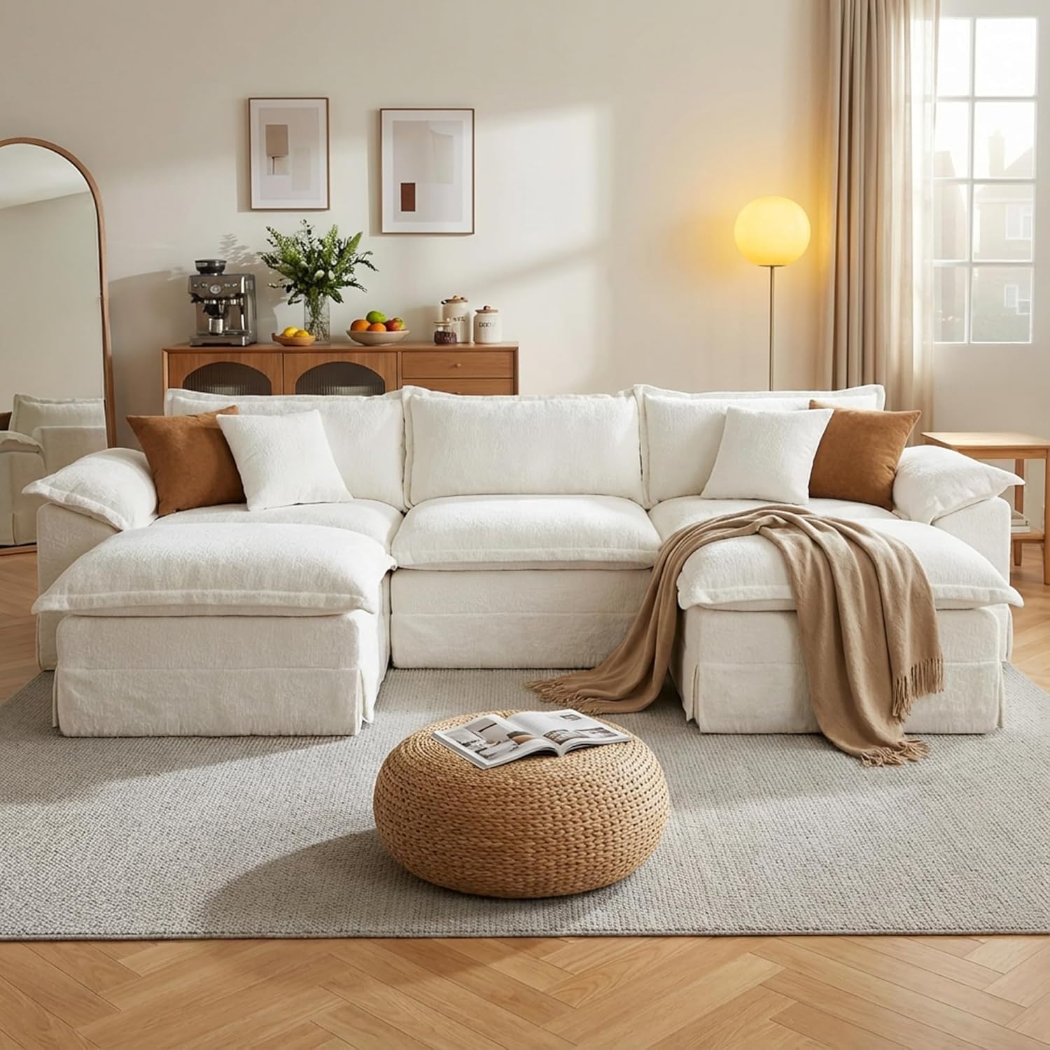 image:imageClaiks 118 Modern Boneless Couch Corduroy Modular Cloud Sofa for Living Room Deep Seat Sectional with Movable Ottoman No Assembly Required YellowBeige