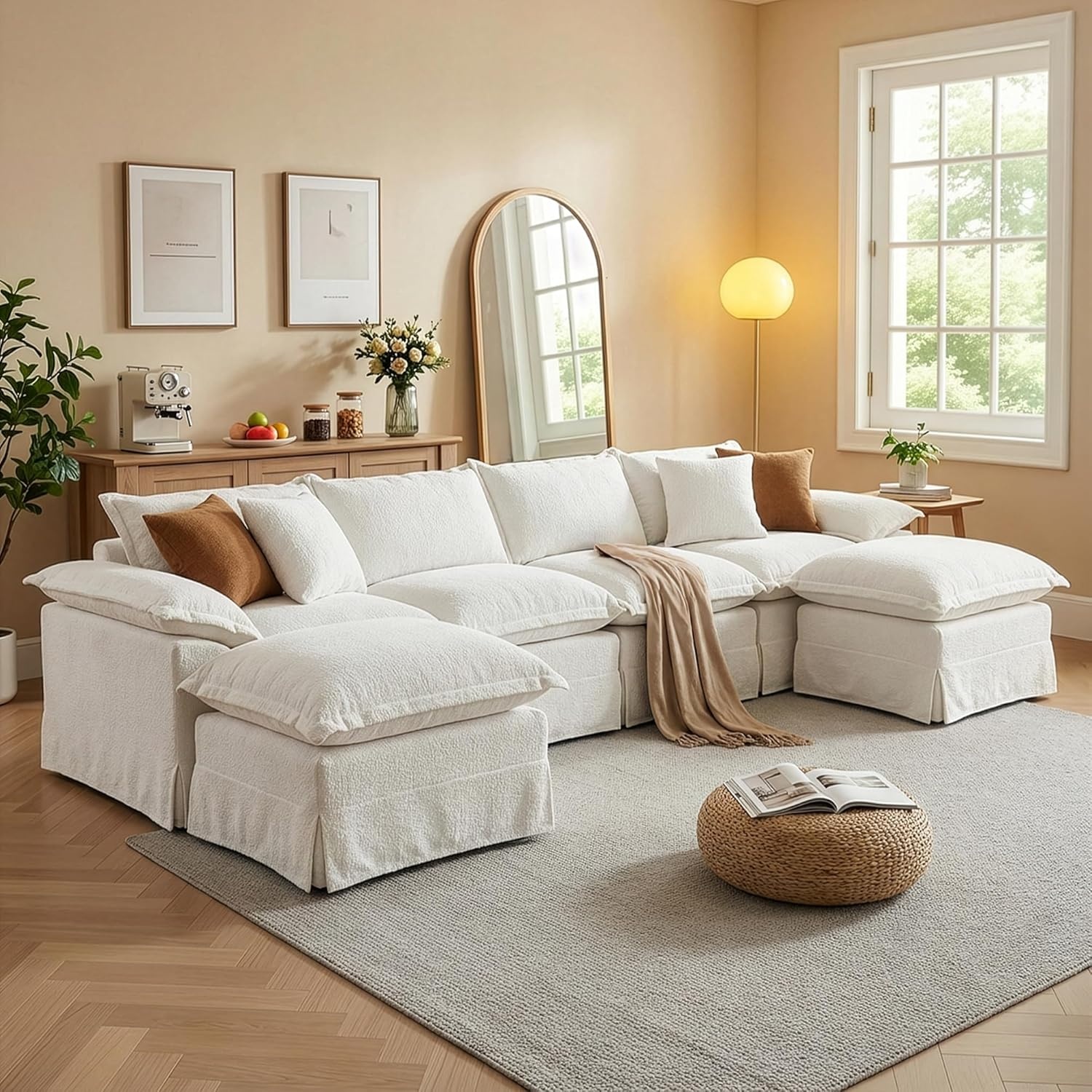 image:imageClaiks 118 Modern Boneless Couch Corduroy Modular Cloud Sofa for Living Room Deep Seat Sectional with Movable Ottoman No Assembly Required YellowBeige