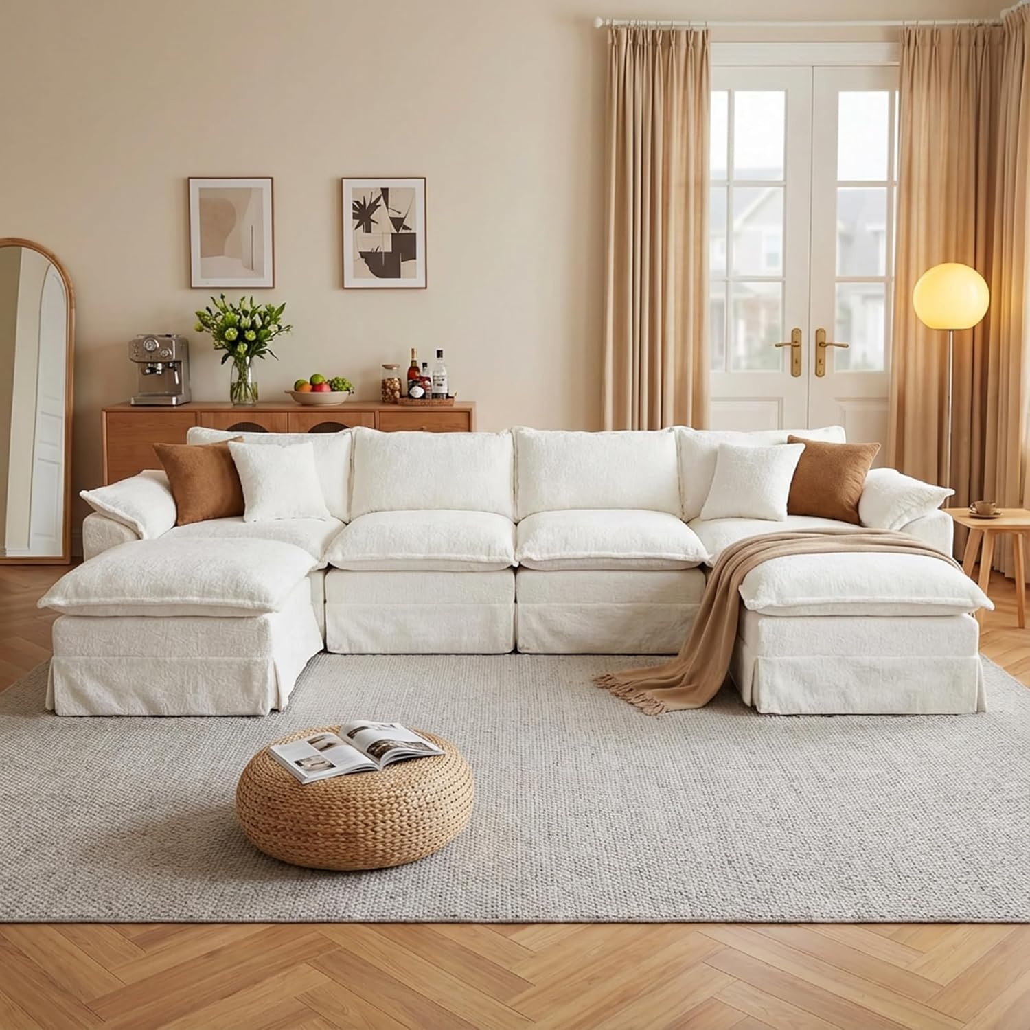 image:imageClaiks 118 Modern Boneless Couch Corduroy Modular Cloud Sofa for Living Room Deep Seat Sectional with Movable Ottoman No Assembly Required YellowBeige