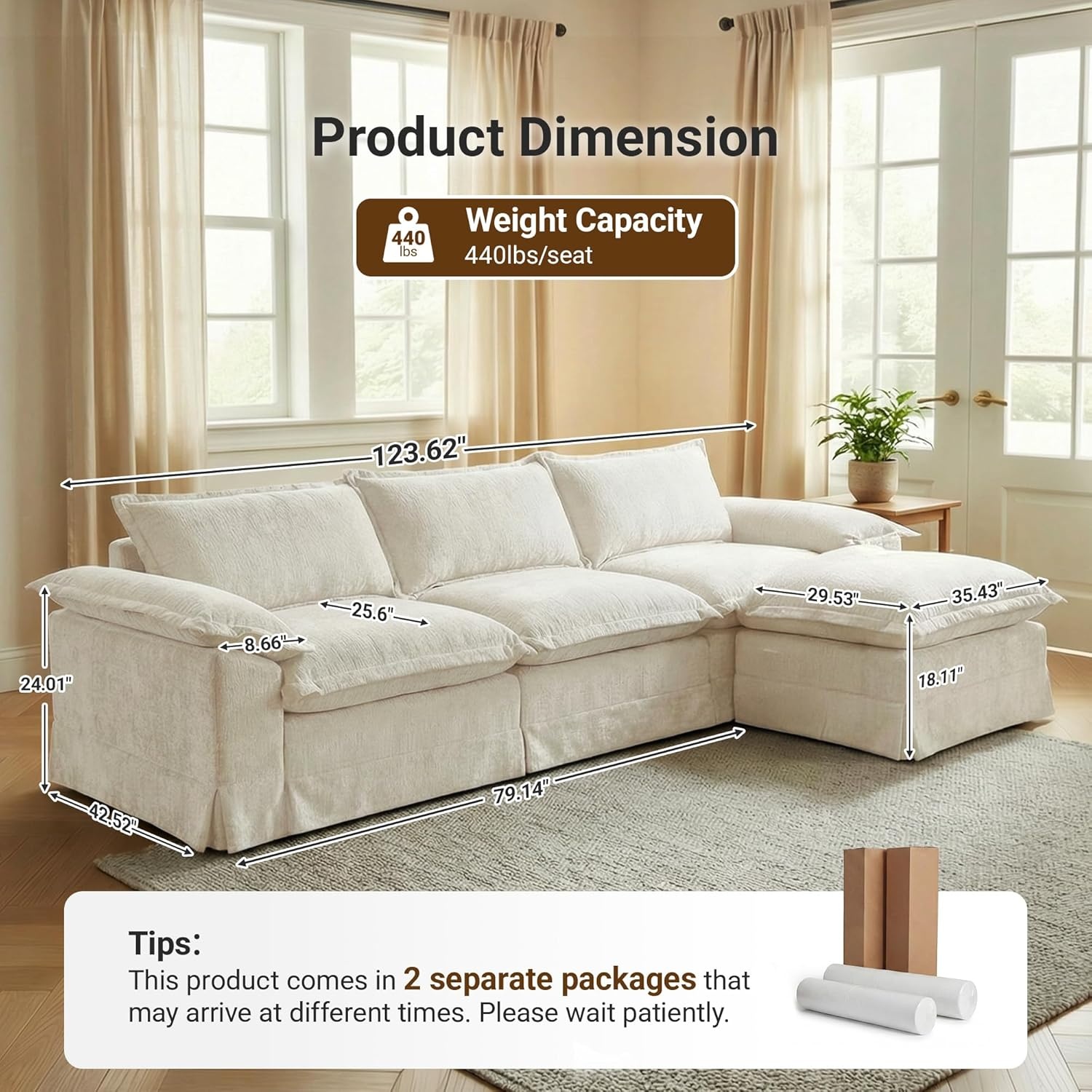 image:imageClaiks 118 Modern Boneless Couch Corduroy Modular Cloud Sofa for Living Room Deep Seat Sectional with Movable Ottoman No Assembly Required YellowBeige
