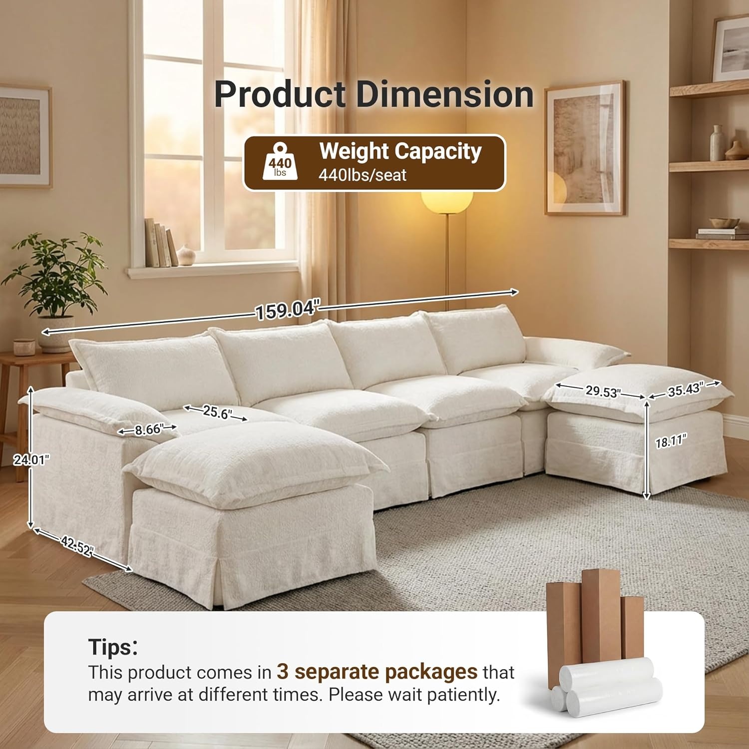 image:imageClaiks 118 Modern Boneless Couch Corduroy Modular Cloud Sofa for Living Room Deep Seat Sectional with Movable Ottoman No Assembly Required YellowBeige