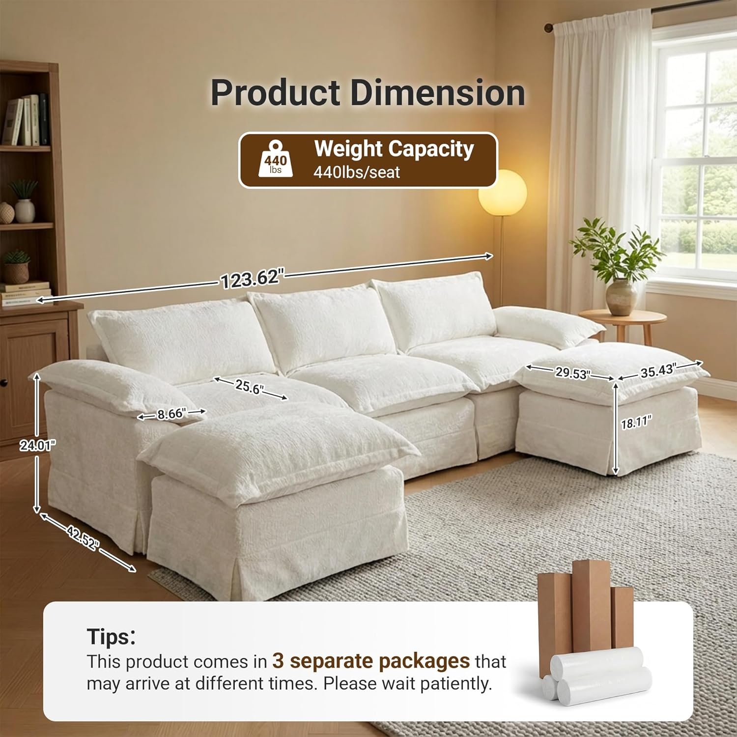 image:imageClaiks 118 Modern Boneless Couch Corduroy Modular Cloud Sofa for Living Room Deep Seat Sectional with Movable Ottoman No Assembly Required YellowBeige