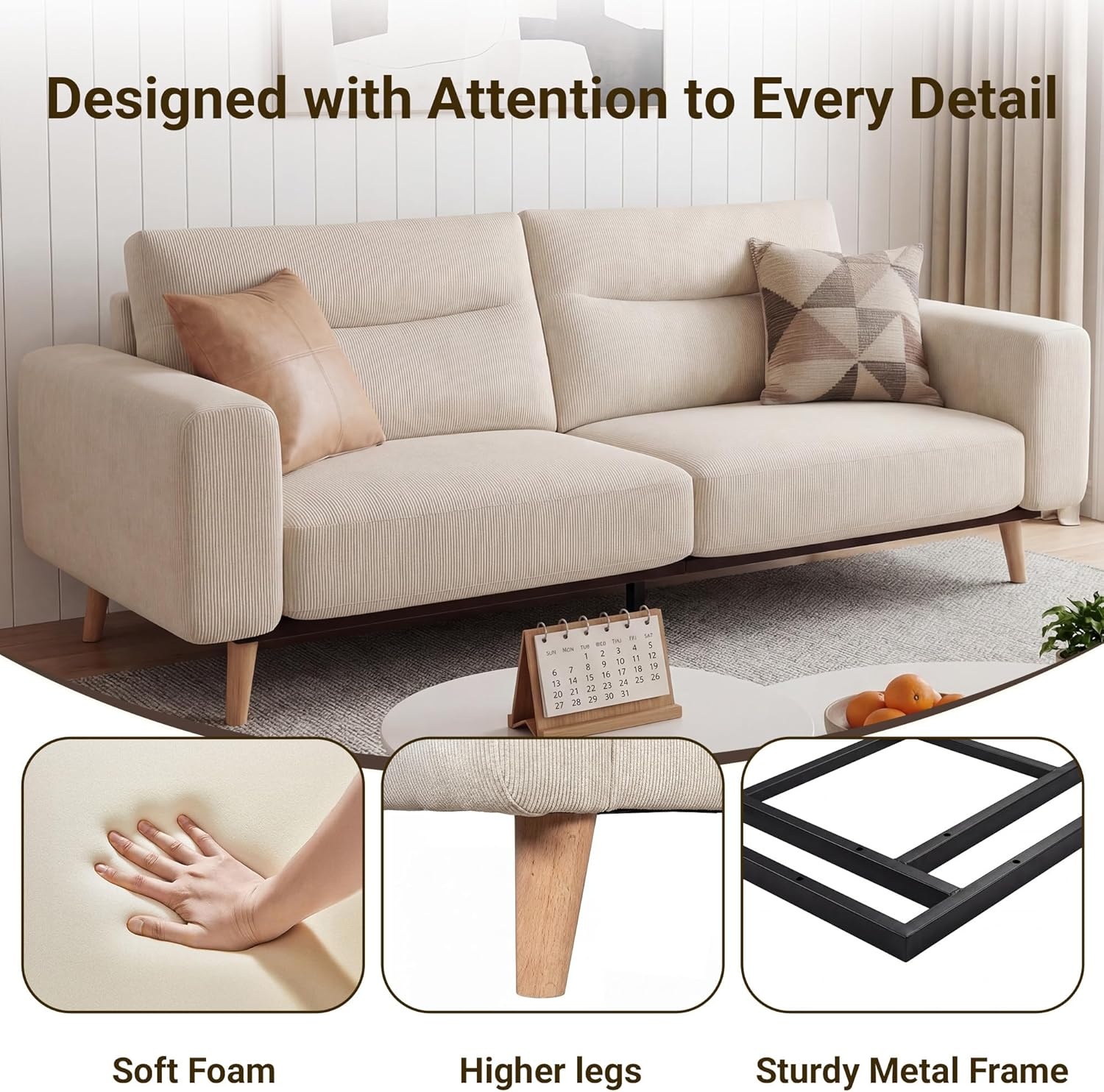 image:imageClaiks 118 Modern Boneless Couch Corduroy Modular Cloud Sofa for Living Room Deep Seat Sectional with Movable Ottoman No Assembly Required YellowBeige