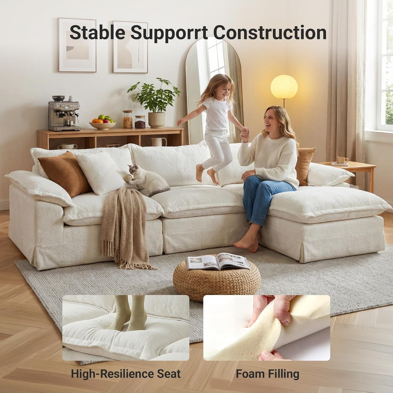 image:imageClaiks 118 Modern Boneless Couch Corduroy Modular Cloud Sofa for Living Room Deep Seat Sectional with Movable Ottoman No Assembly Required YellowBeige