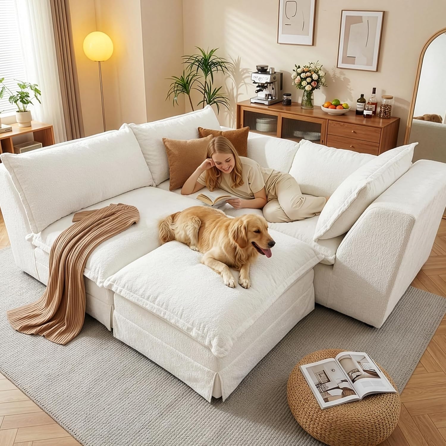 image:imageClaiks 118 Modern Boneless Couch Corduroy Modular Cloud Sofa for Living Room Deep Seat Sectional with Movable Ottoman No Assembly Required YellowBeige