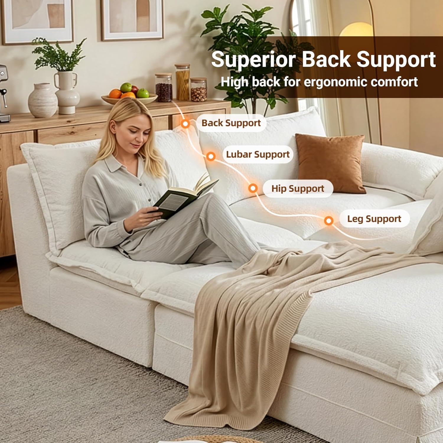 image:imageClaiks 118 Modern Boneless Couch Corduroy Modular Cloud Sofa for Living Room Deep Seat Sectional with Movable Ottoman No Assembly Required YellowBeige