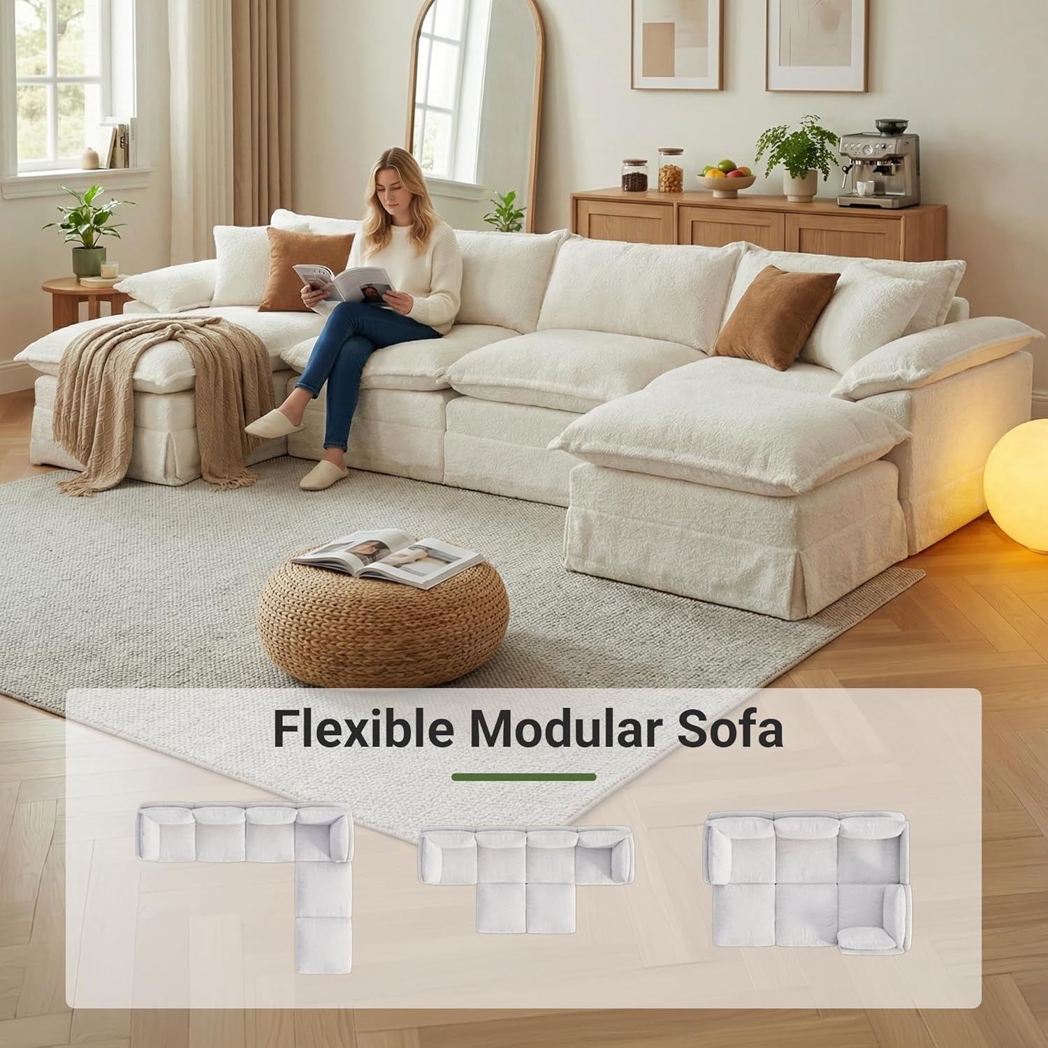 image:imageClaiks 118 Modern Boneless Couch Corduroy Modular Cloud Sofa for Living Room Deep Seat Sectional with Movable Ottoman No Assembly Required YellowBeige