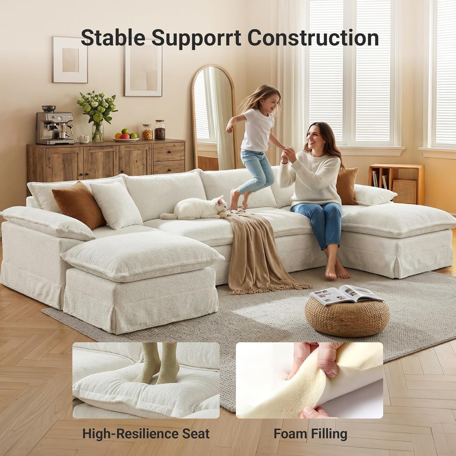 image:imageClaiks 118 Modern Boneless Couch Corduroy Modular Cloud Sofa for Living Room Deep Seat Sectional with Movable Ottoman No Assembly Required YellowBeige