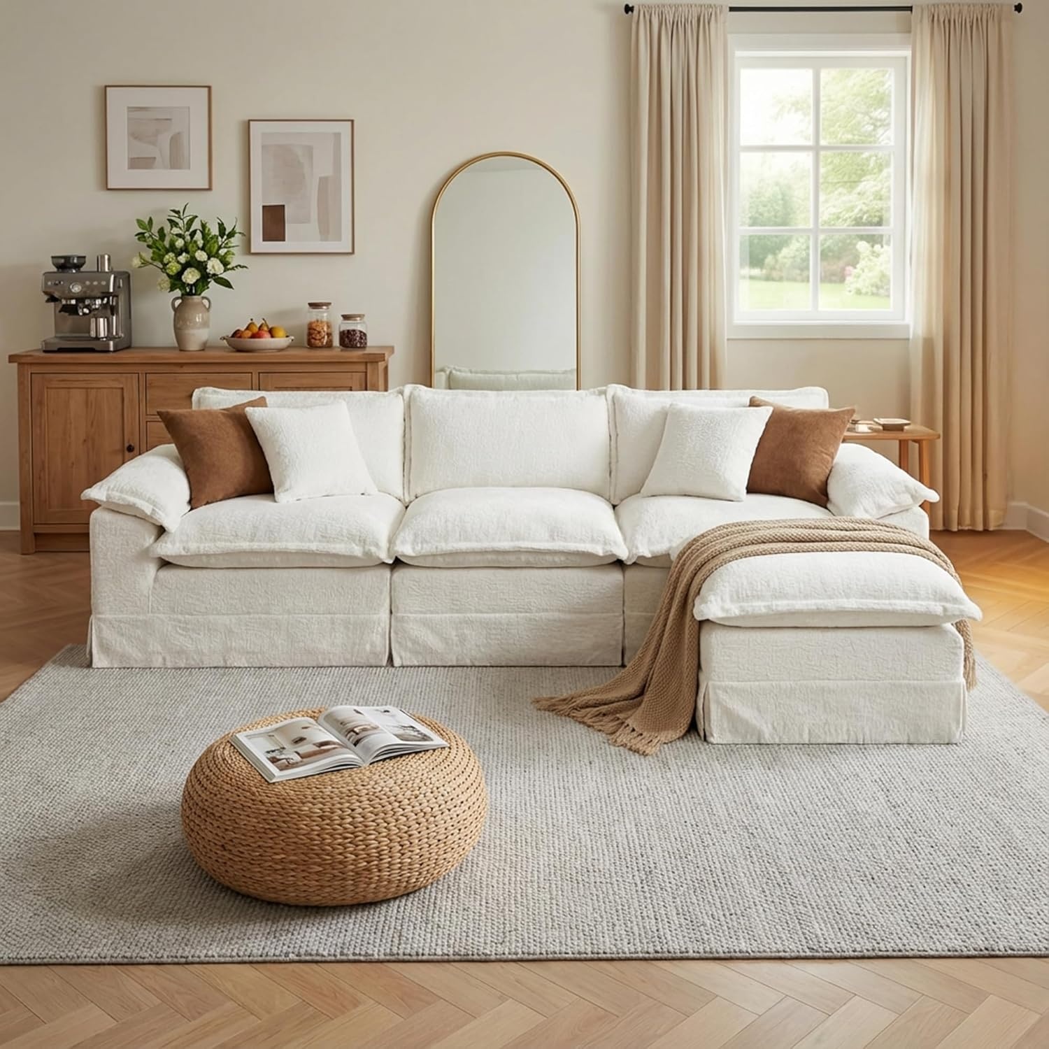 image:imageClaiks 118 Modern Boneless Couch Corduroy Modular Cloud Sofa for Living Room Deep Seat Sectional with Movable Ottoman No Assembly Required YellowBeige