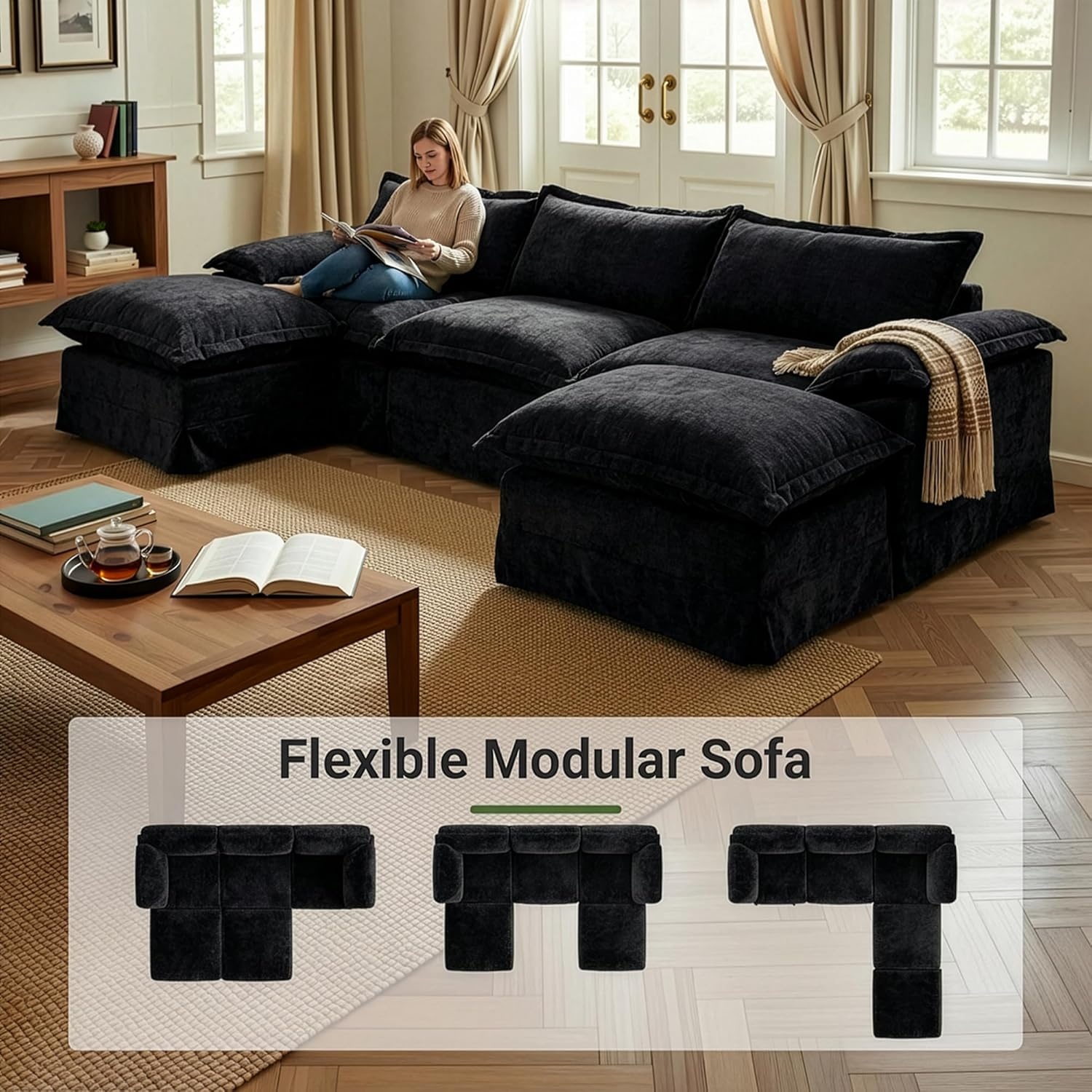 image:imageClaiks 118 Modern Boneless Couch Corduroy Modular Cloud Sofa for Living Room Deep Seat Sectional with Movable Ottoman No Assembly Required YellowBlack