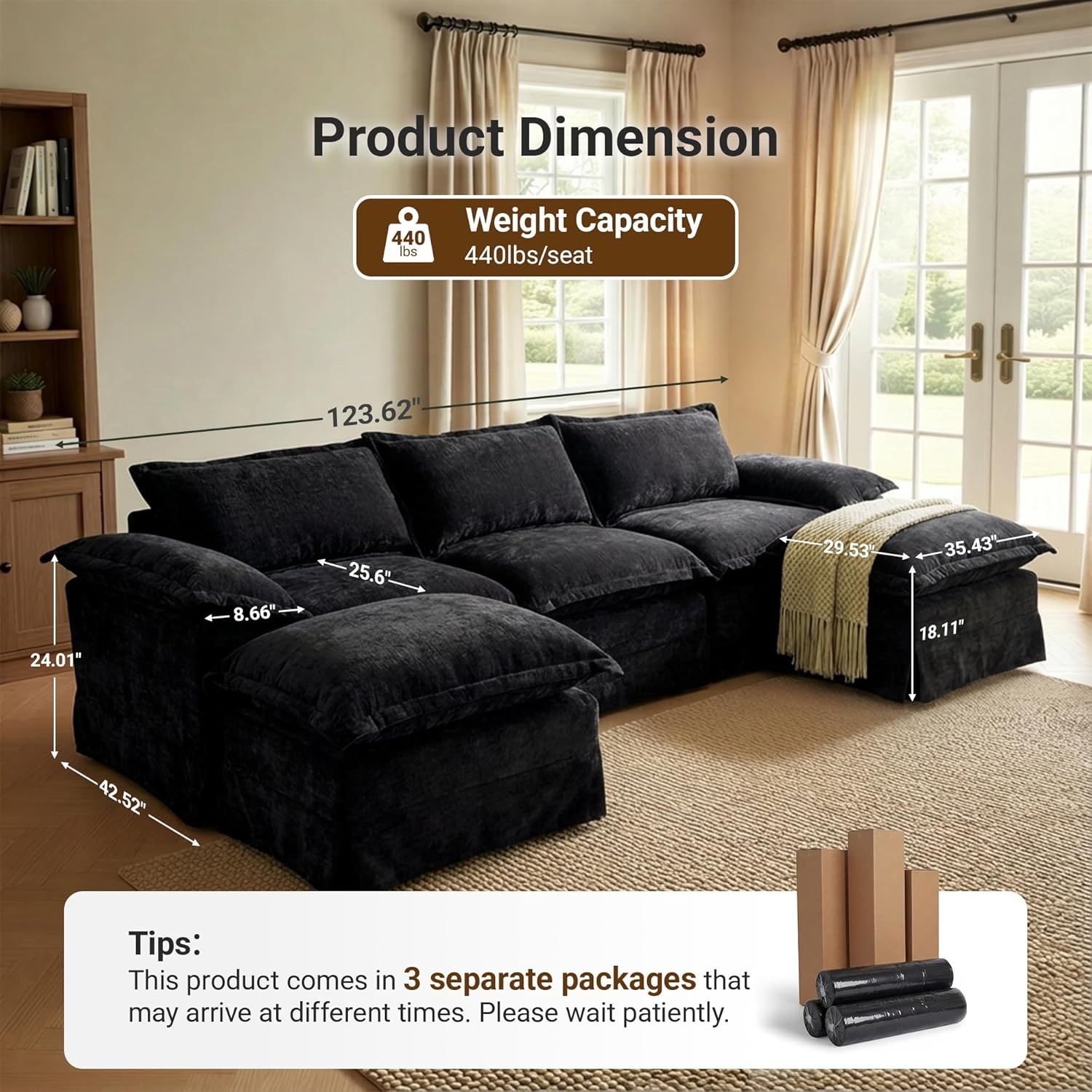 image:imageClaiks 118 Modern Boneless Couch Corduroy Modular Cloud Sofa for Living Room Deep Seat Sectional with Movable Ottoman No Assembly Required YellowBlack