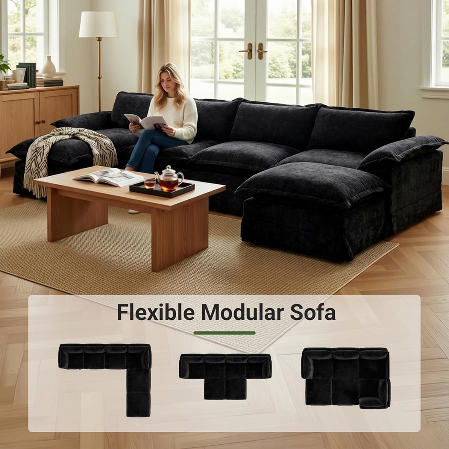 image:imageClaiks 118 Modern Boneless Couch Corduroy Modular Cloud Sofa for Living Room Deep Seat Sectional with Movable Ottoman No Assembly Required YellowBlack
