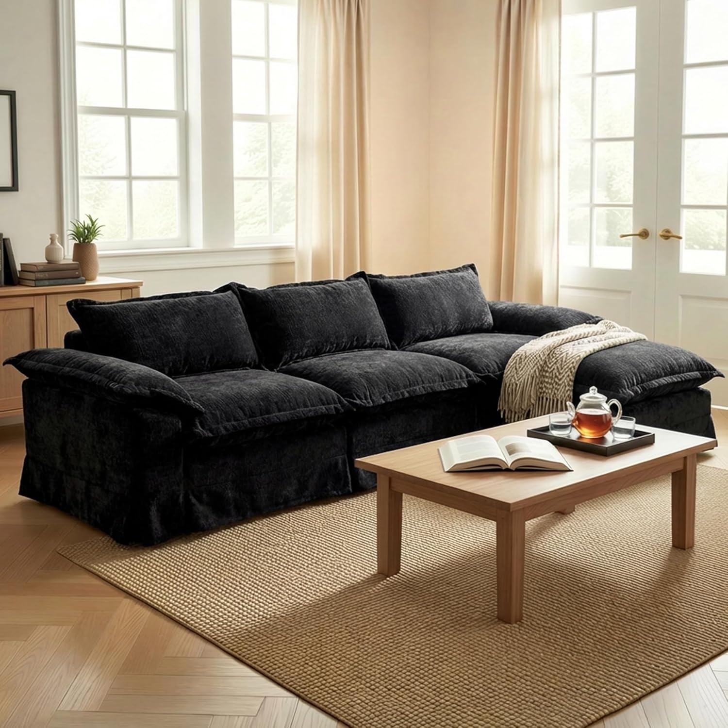 image:imageClaiks 118 Modern Boneless Couch Corduroy Modular Cloud Sofa for Living Room Deep Seat Sectional with Movable Ottoman No Assembly Required YellowBlack