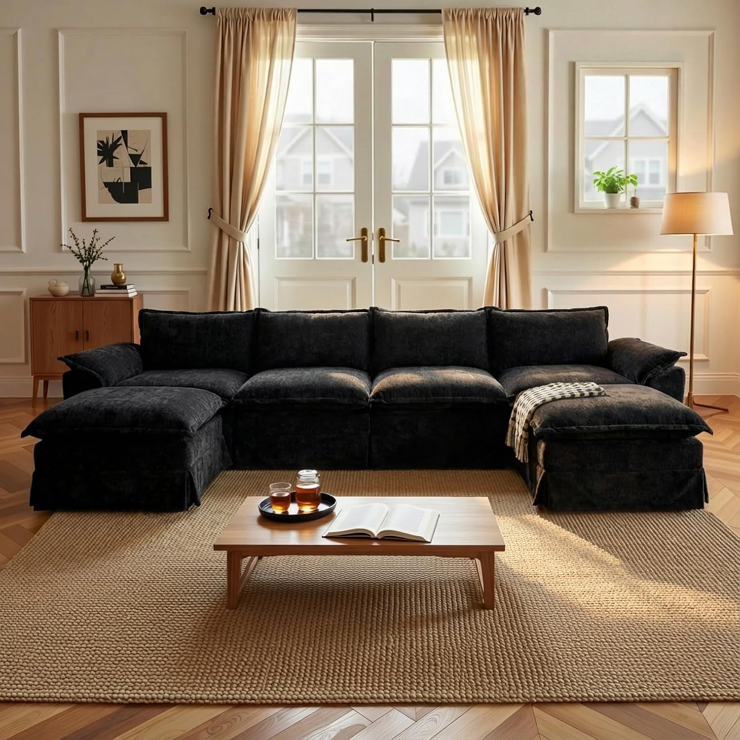 image:imageClaiks 118 Modern Boneless Couch Corduroy Modular Cloud Sofa for Living Room Deep Seat Sectional with Movable Ottoman No Assembly Required YellowBlack