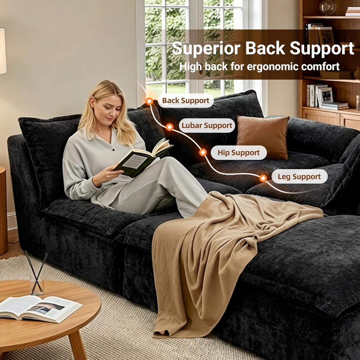 image:imageClaiks 118 Modern Boneless Couch Corduroy Modular Cloud Sofa for Living Room Deep Seat Sectional with Movable Ottoman No Assembly Required YellowBlack
