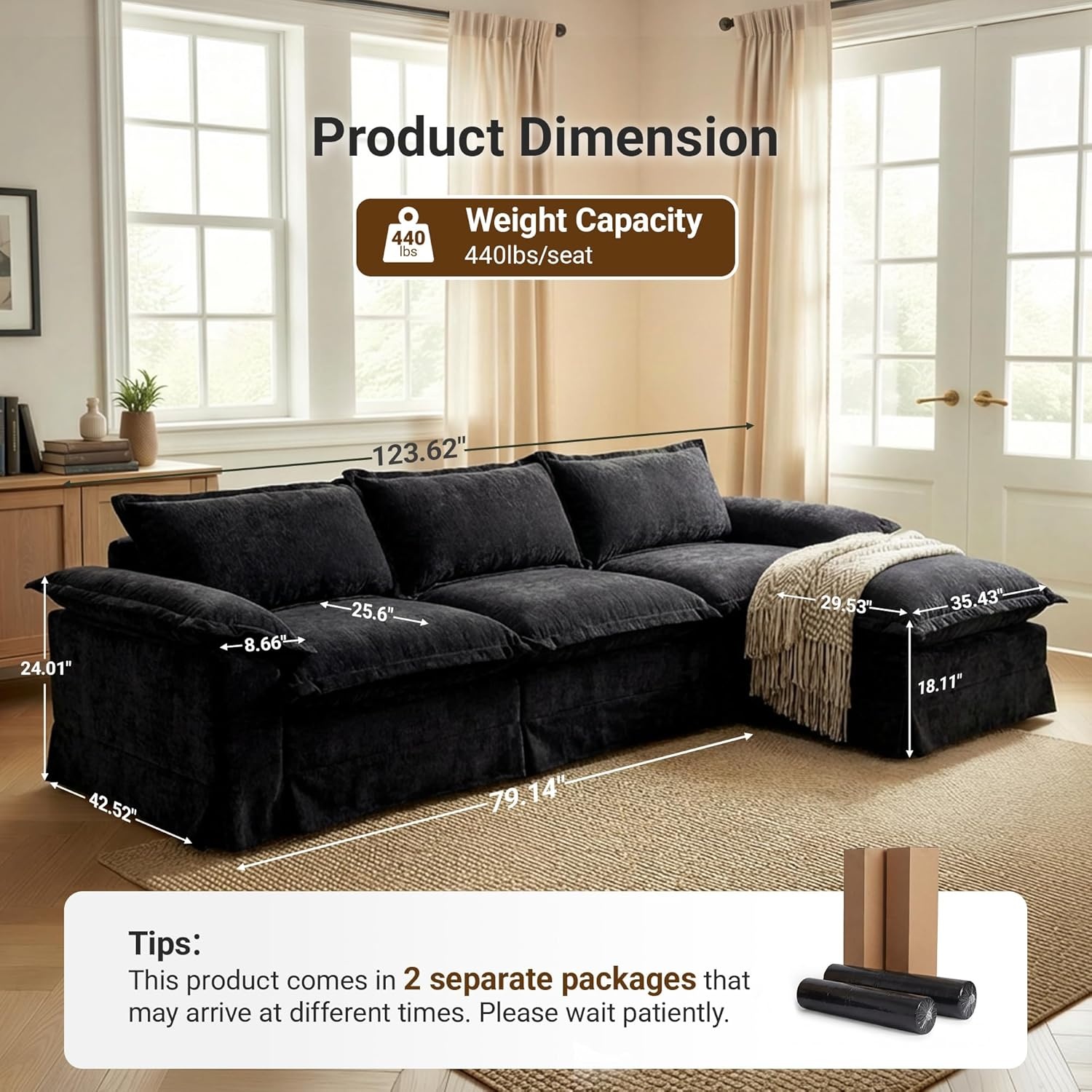 image:imageClaiks 118 Modern Boneless Couch Corduroy Modular Cloud Sofa for Living Room Deep Seat Sectional with Movable Ottoman No Assembly Required YellowBlack