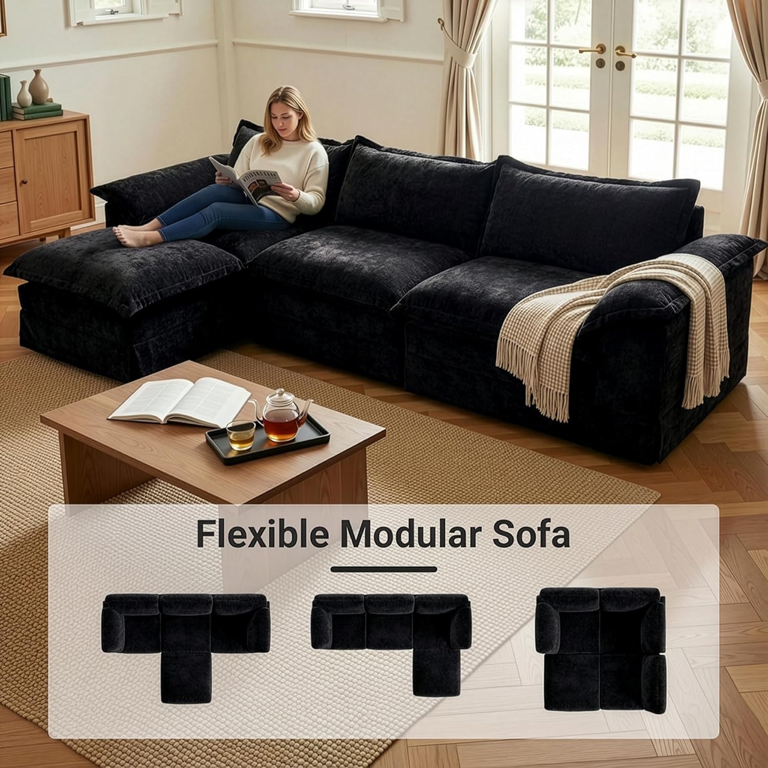 image:imageClaiks 118 Modern Boneless Couch Corduroy Modular Cloud Sofa for Living Room Deep Seat Sectional with Movable Ottoman No Assembly Required YellowBlack