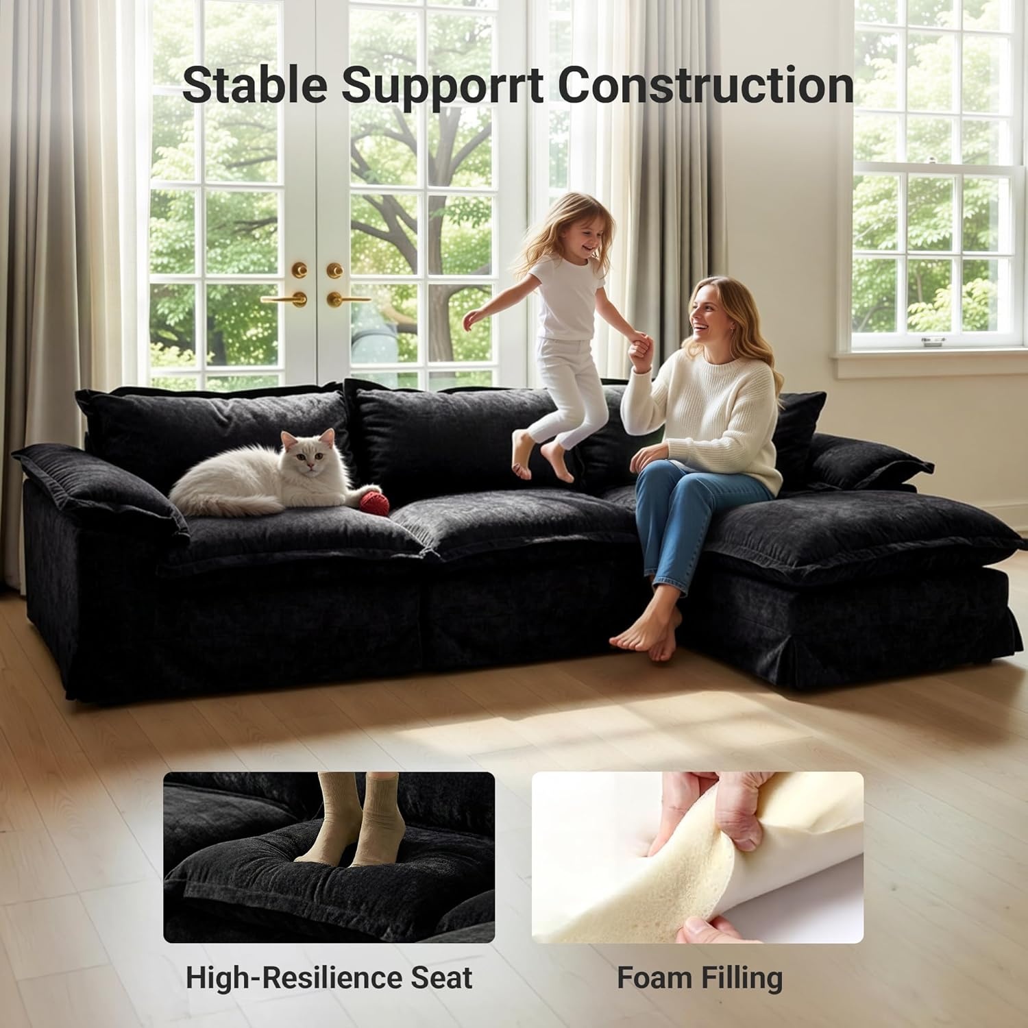 image:imageClaiks 118 Modern Boneless Couch Corduroy Modular Cloud Sofa for Living Room Deep Seat Sectional with Movable Ottoman No Assembly Required YellowBlack