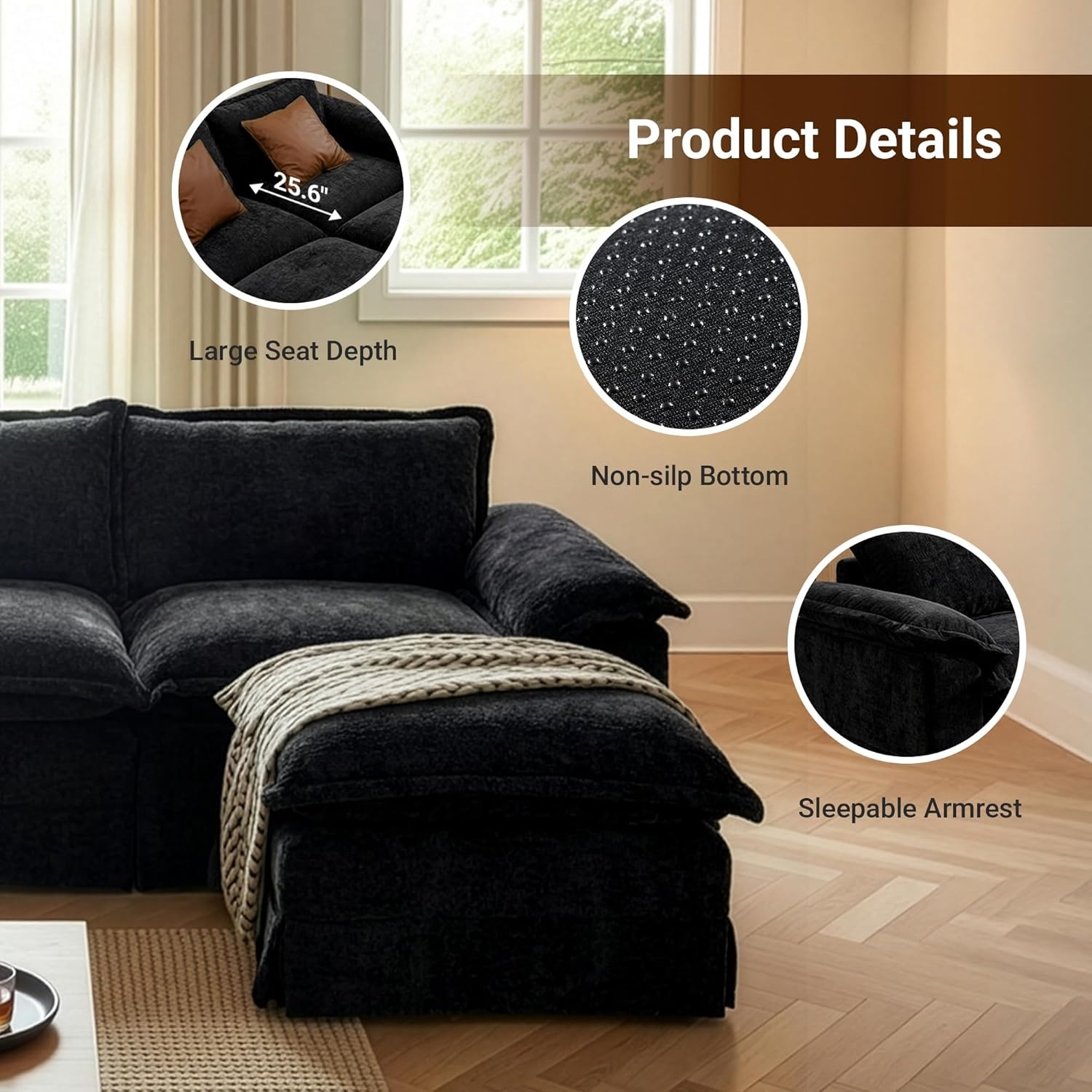 image:imageClaiks 118 Modern Boneless Couch Corduroy Modular Cloud Sofa for Living Room Deep Seat Sectional with Movable Ottoman No Assembly Required YellowBlack