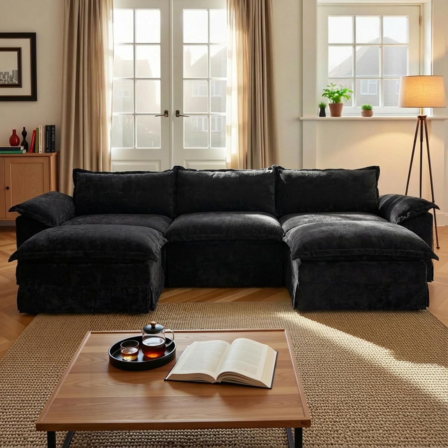 image:imageClaiks 118 Modern Boneless Couch Corduroy Modular Cloud Sofa for Living Room Deep Seat Sectional with Movable Ottoman No Assembly Required YellowBlack