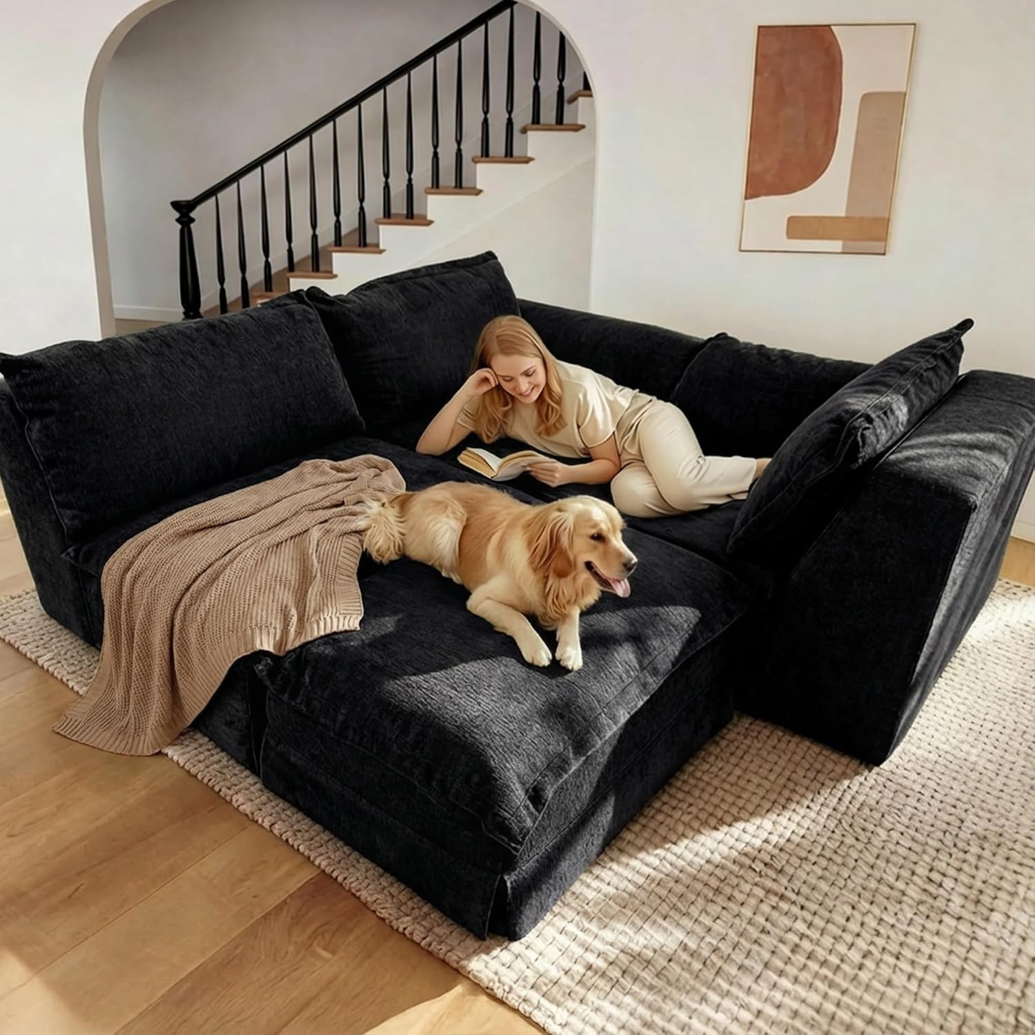 image:imageClaiks 118 Modern Boneless Couch Corduroy Modular Cloud Sofa for Living Room Deep Seat Sectional with Movable Ottoman No Assembly Required YellowBlack