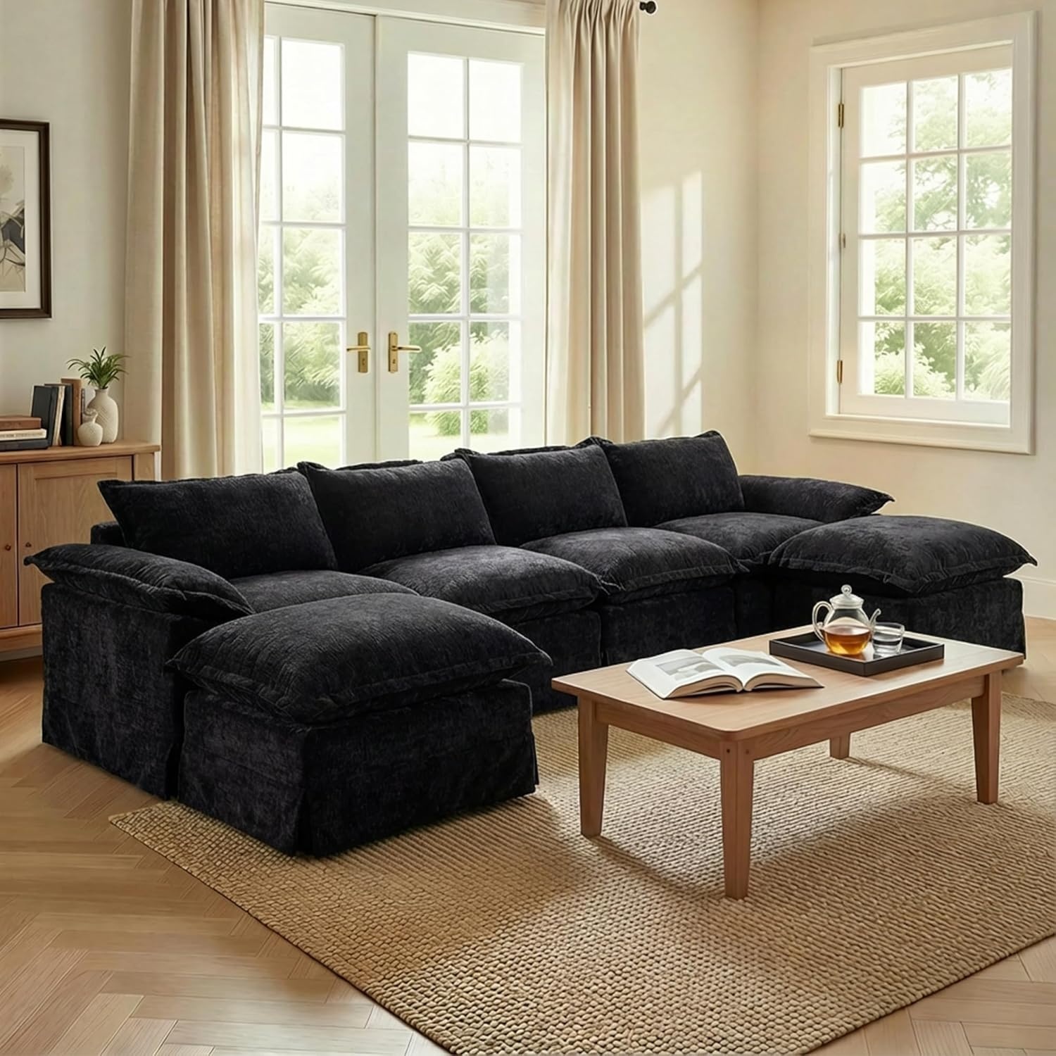 image:imageClaiks 118 Modern Boneless Couch Corduroy Modular Cloud Sofa for Living Room Deep Seat Sectional with Movable Ottoman No Assembly Required YellowBlack