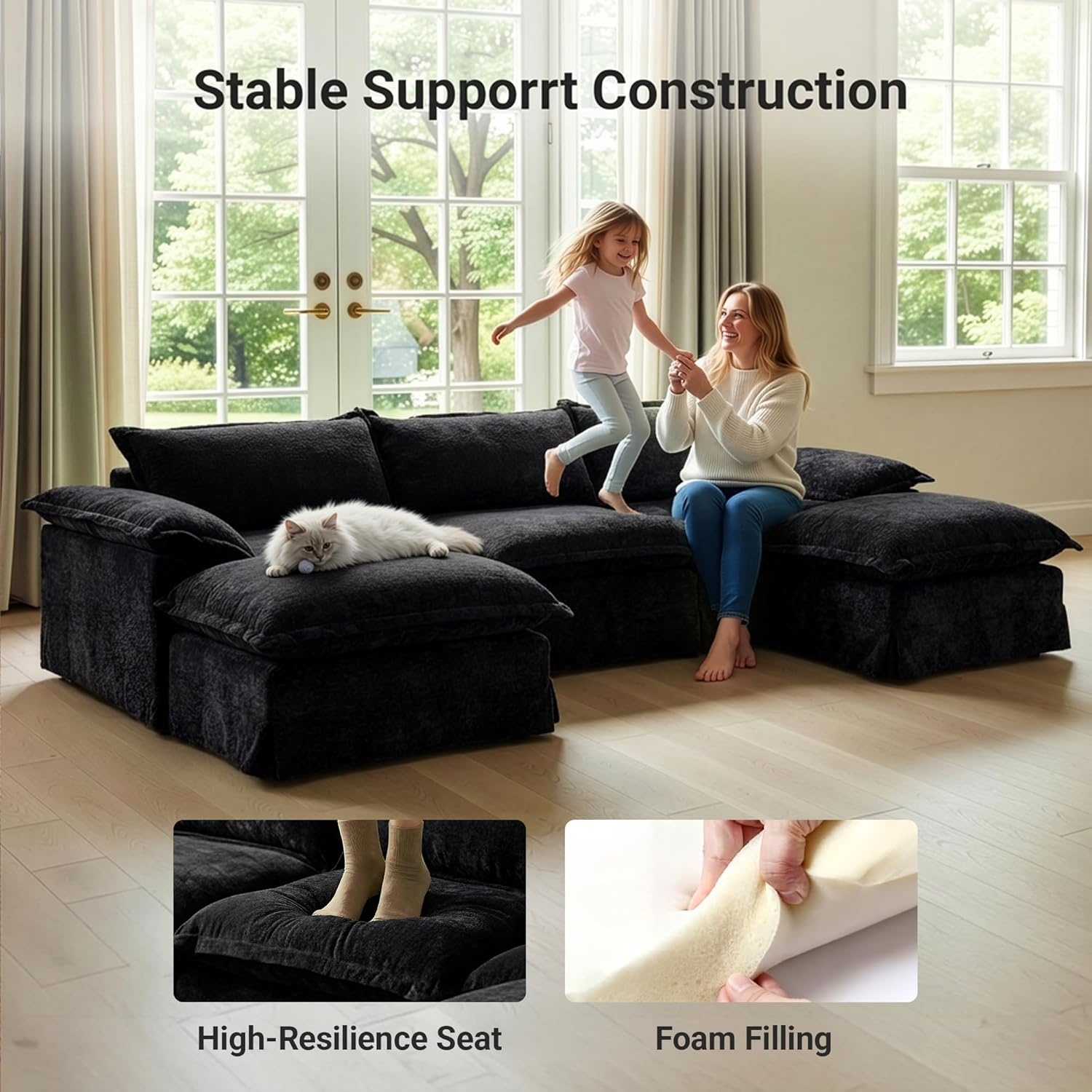 image:imageClaiks 118 Modern Boneless Couch Corduroy Modular Cloud Sofa for Living Room Deep Seat Sectional with Movable Ottoman No Assembly Required YellowBlack