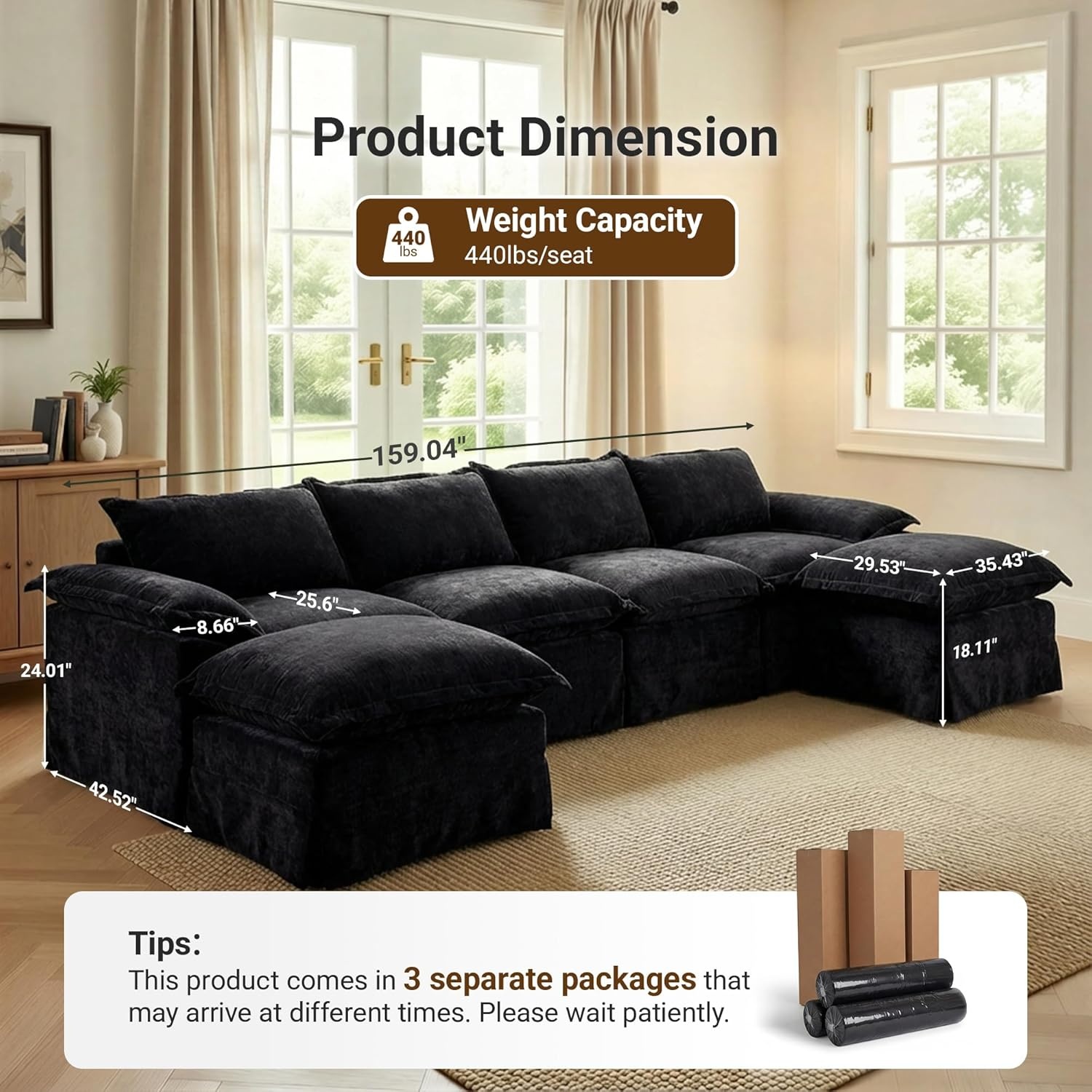 image:imageClaiks 118 Modern Boneless Couch Corduroy Modular Cloud Sofa for Living Room Deep Seat Sectional with Movable Ottoman No Assembly Required YellowBlack