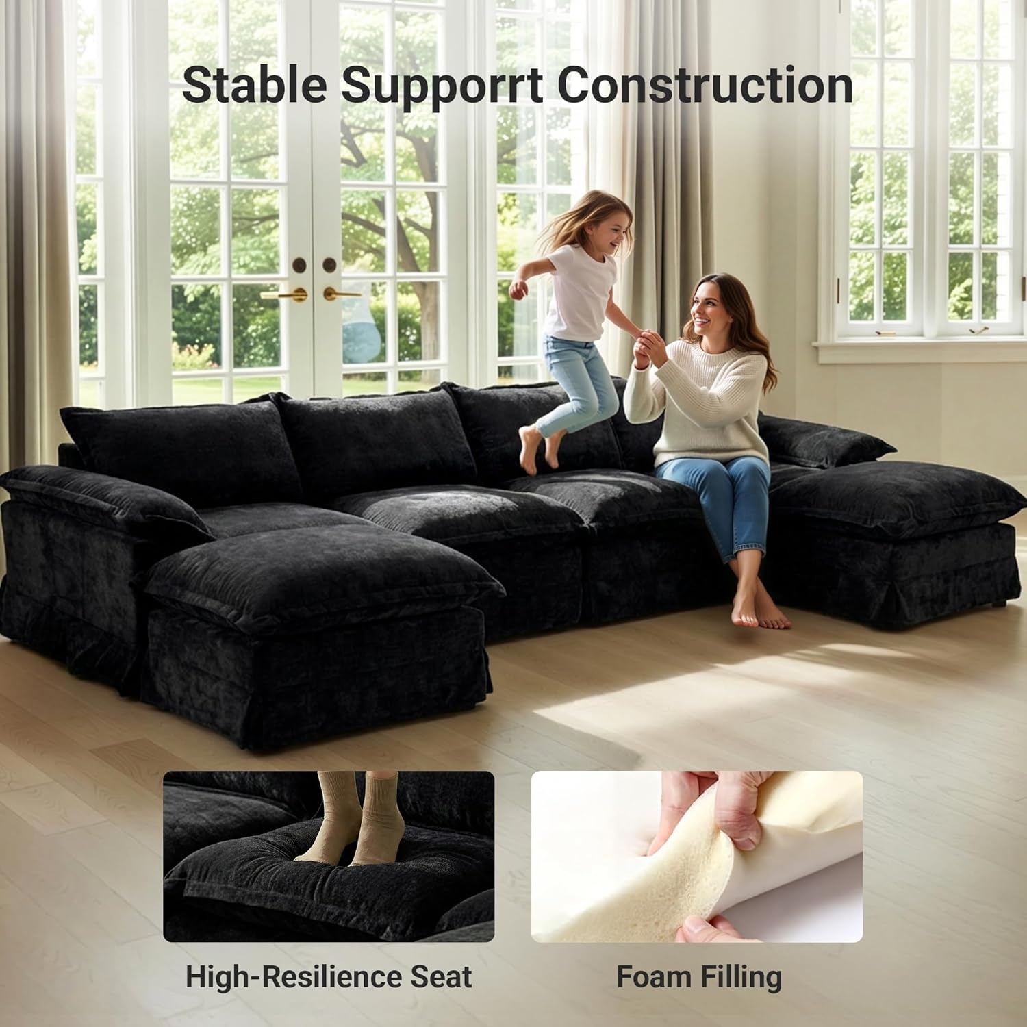 image:imageClaiks 118 Modern Boneless Couch Corduroy Modular Cloud Sofa for Living Room Deep Seat Sectional with Movable Ottoman No Assembly Required YellowBlack