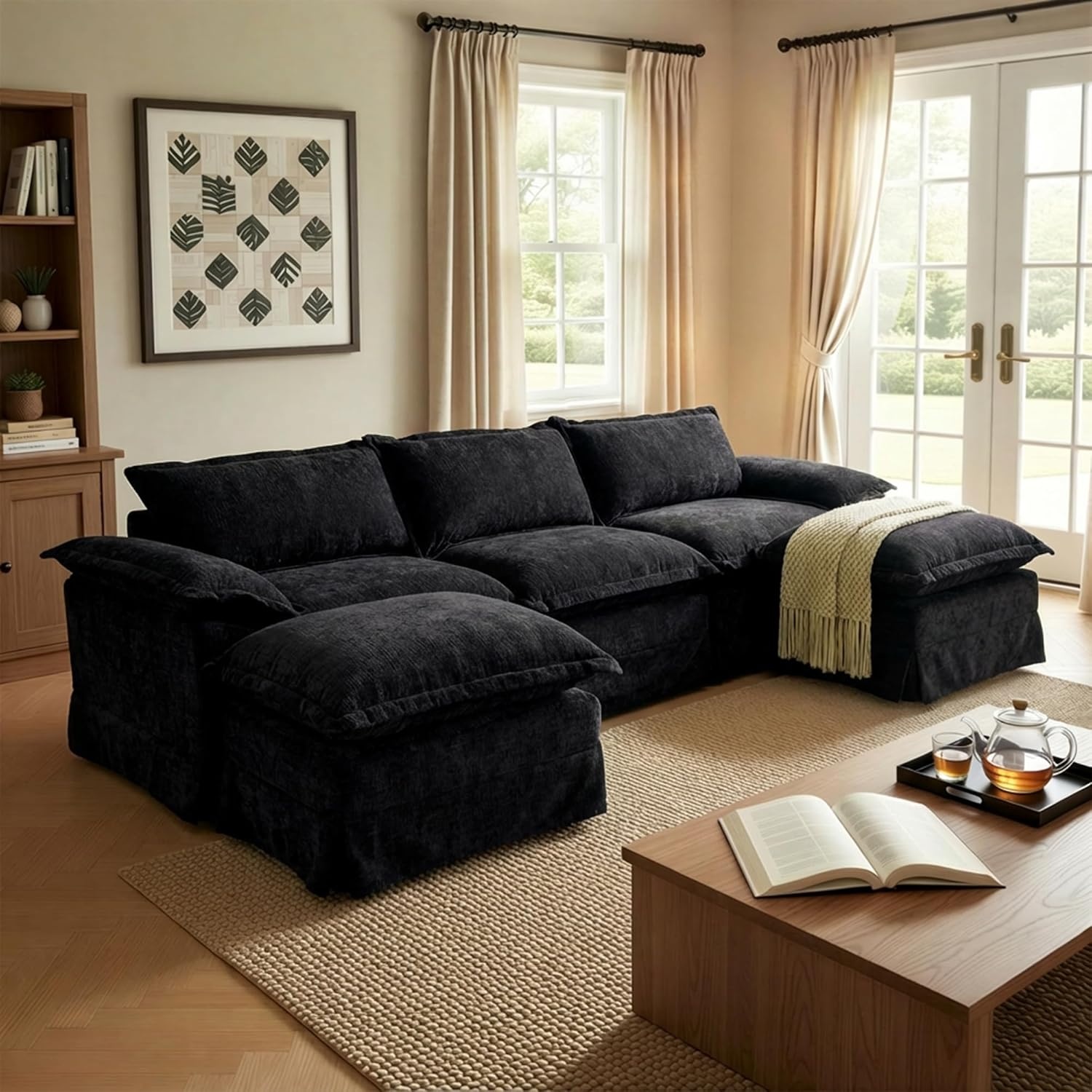 image:imageClaiks 118 Modern Boneless Couch Corduroy Modular Cloud Sofa for Living Room Deep Seat Sectional with Movable Ottoman No Assembly Required YellowBlack
