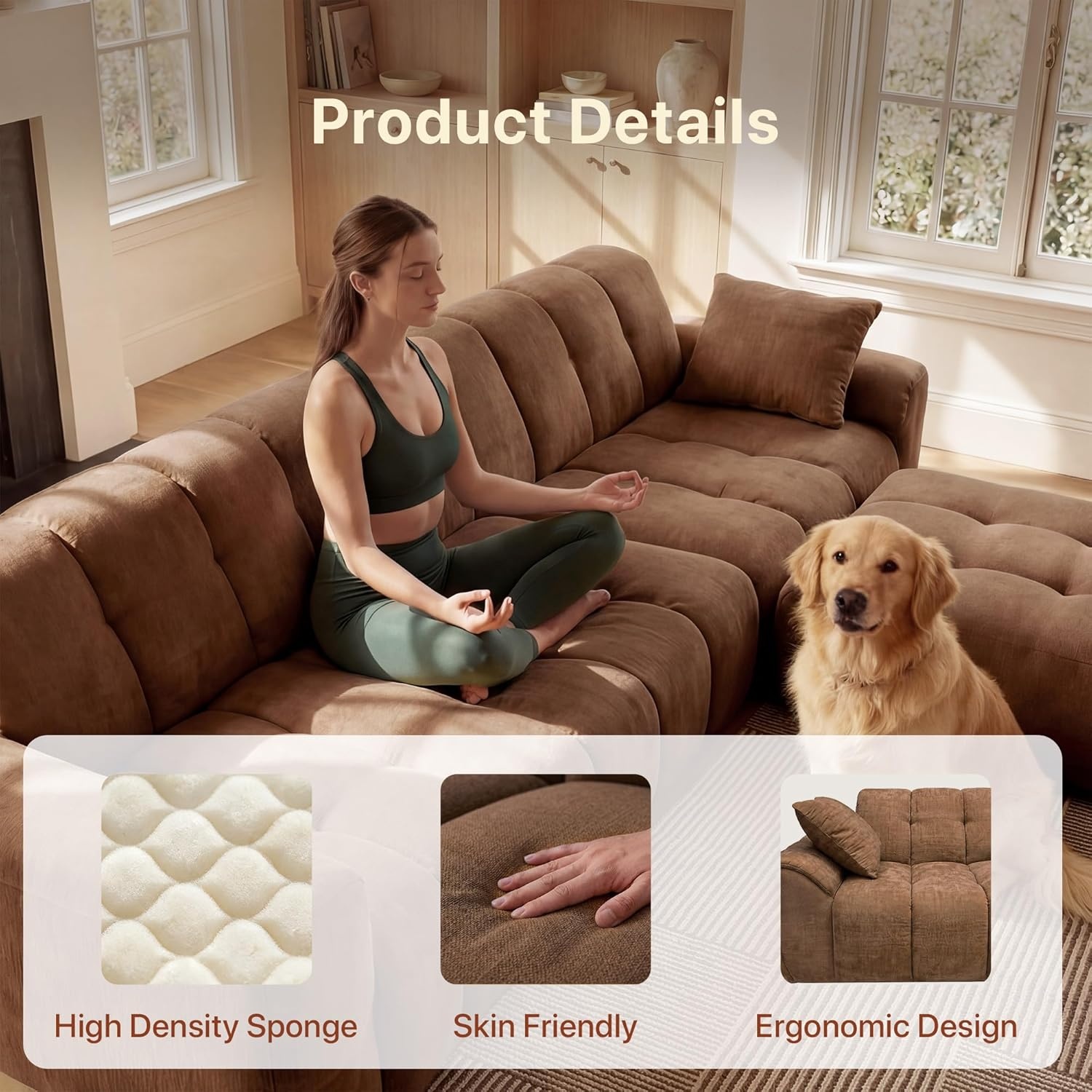 image:imageClaiks 118 Modern Boneless Couch Corduroy Modular Cloud Sofa for Living Room Deep Seat Sectional with Movable Ottoman No Assembly Required YellowBrown