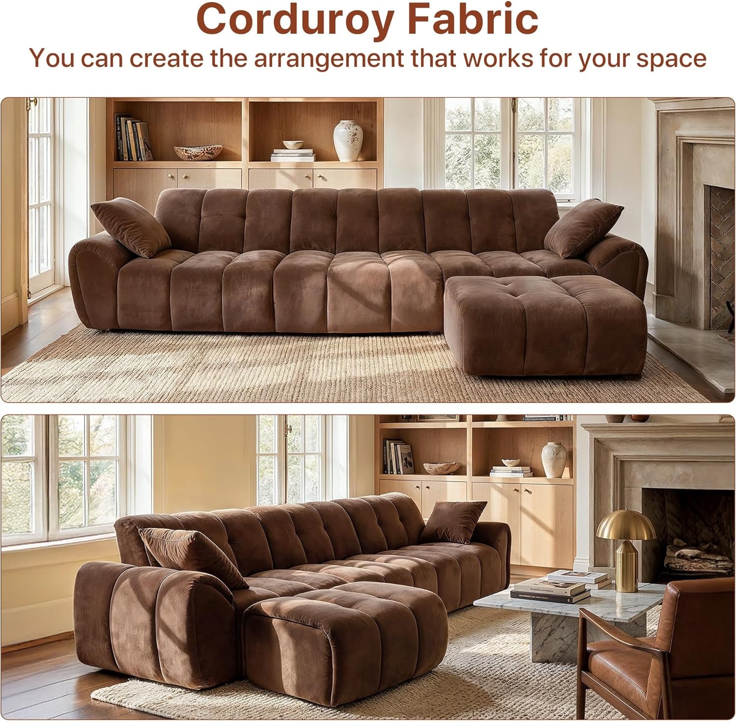 image:imageClaiks 118 Modern Boneless Couch Corduroy Modular Cloud Sofa for Living Room Deep Seat Sectional with Movable Ottoman No Assembly Required YellowBrown