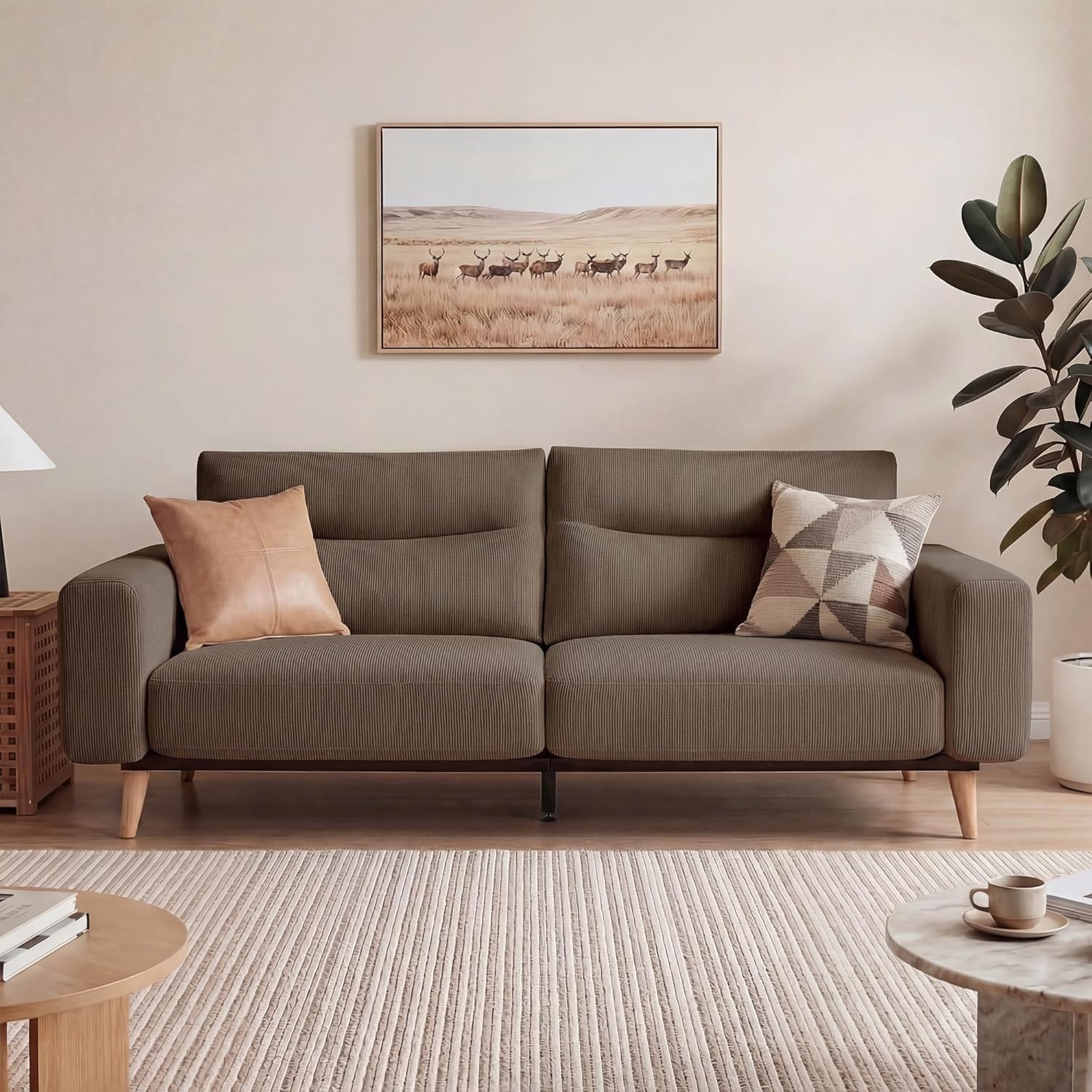image:imageClaiks 118 Modern Boneless Couch Corduroy Modular Cloud Sofa for Living Room Deep Seat Sectional with Movable Ottoman No Assembly Required YellowBrown